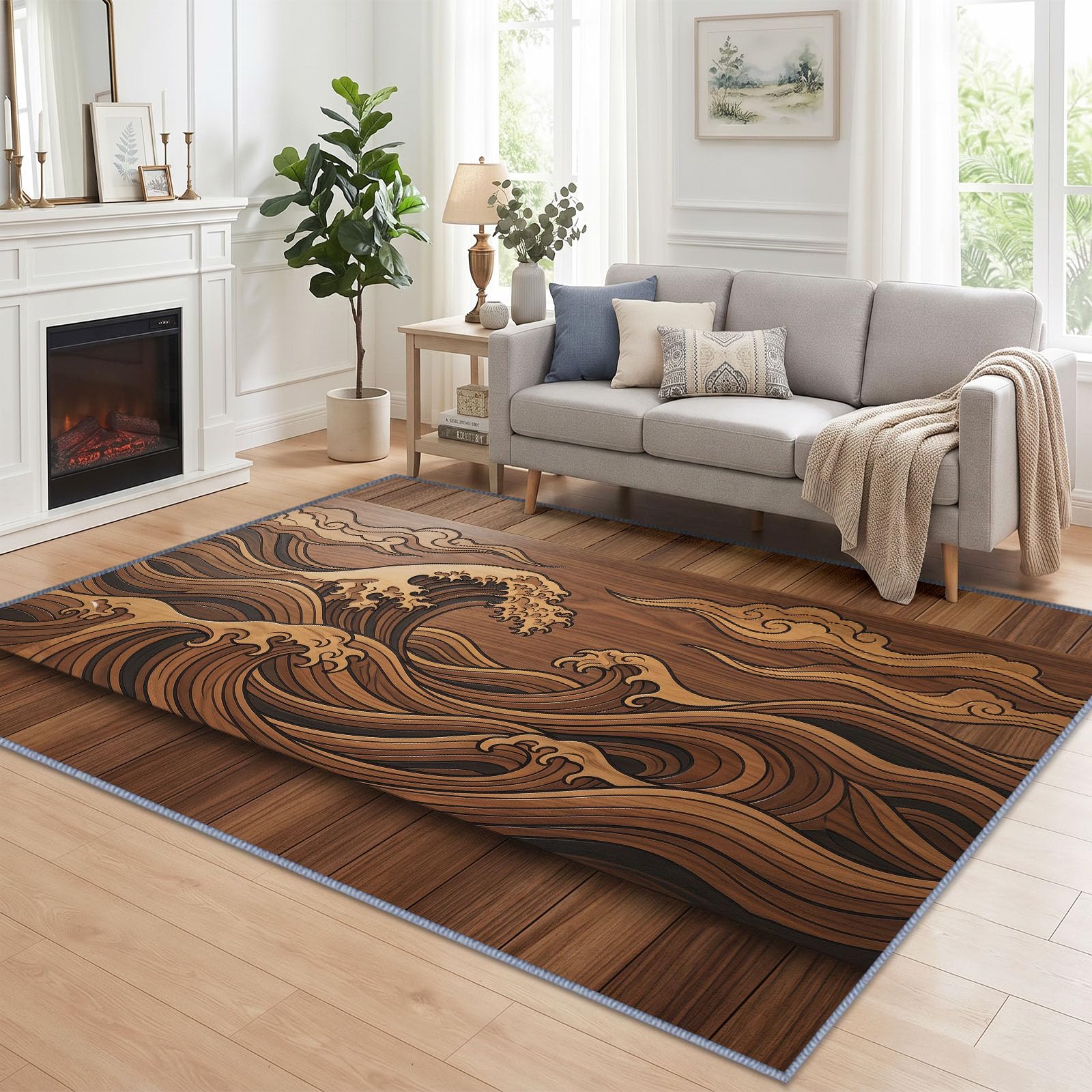 Générique Tapis Salon Paysage Océan Vagues Imitation Bois 160 x 230 cm, Lavable en Machine Tapis de Sol Oriental Doux Antidérapant pour Entree Interieur, Chambre, Salle à Manger