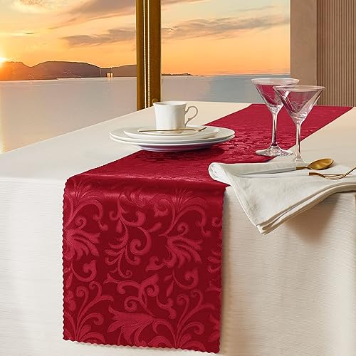 Manyshofu 12 caminos de mesa de satén rojo  12 x 108 pulgadas, decoración de camino de mesa de damasco, camino de mesa jacquard brillante y suave,