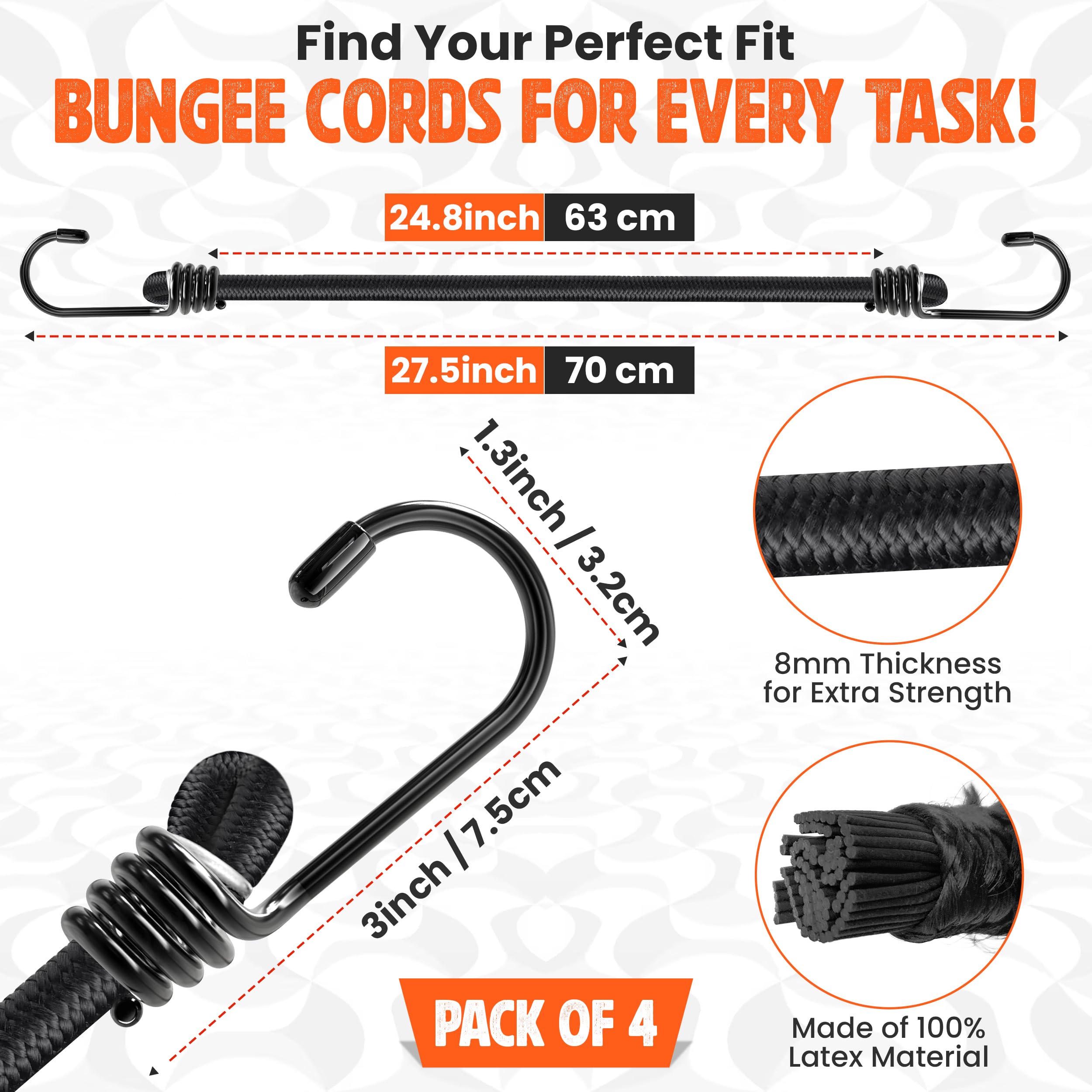 Bungee Cords with Hooks 70cm Pack of 4 Latex Made Heavy Duty Weatherproof & UV, Resistant Elastic Bungee Straps - Image 2