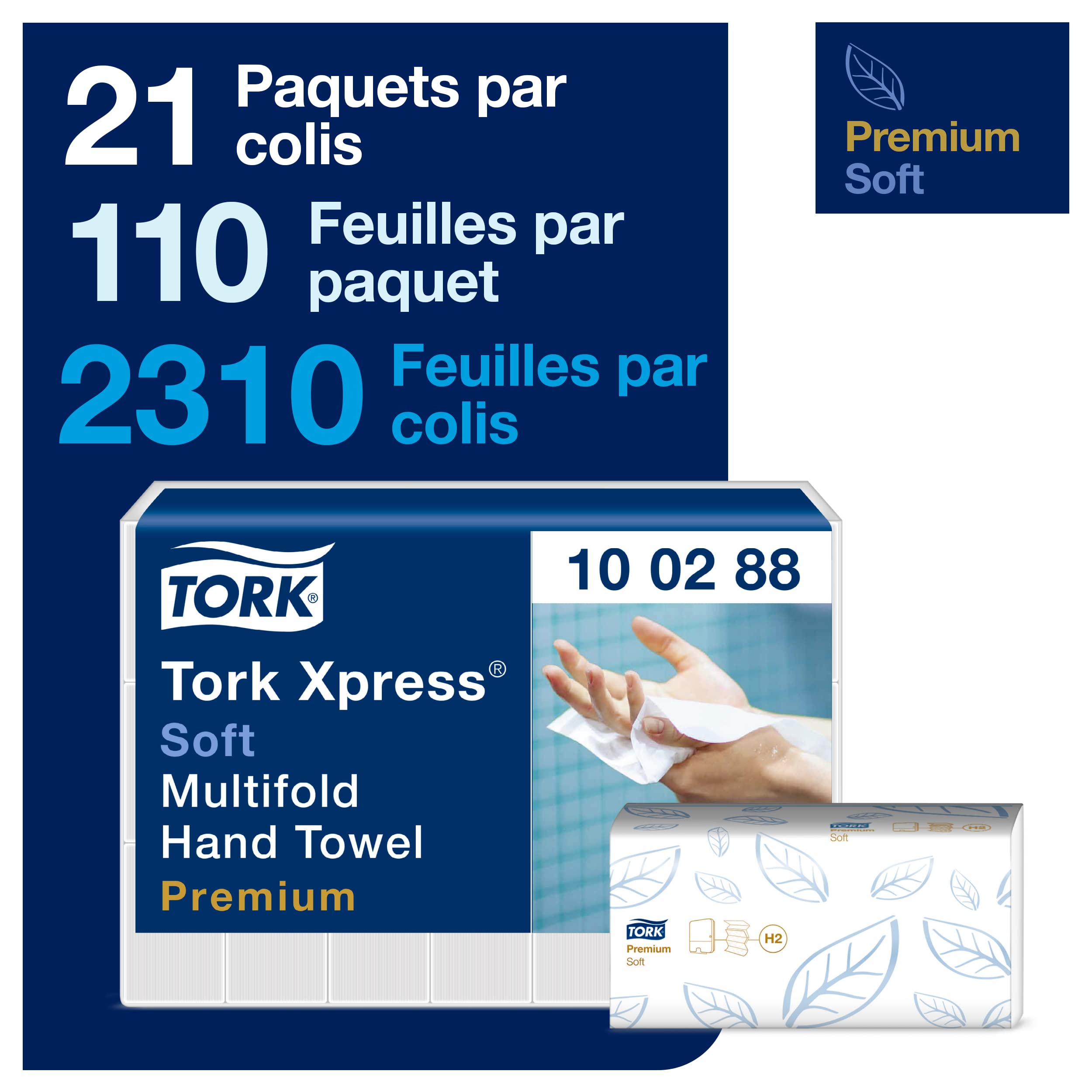 Tork Xpress Essuie-mains interfoliés doux - 100288 - Papiers d'essuyage pliés en M qualité Premium pour Distributeur H2 - Haute absorption 2 plis blanc - 21 x 110 feuilles
