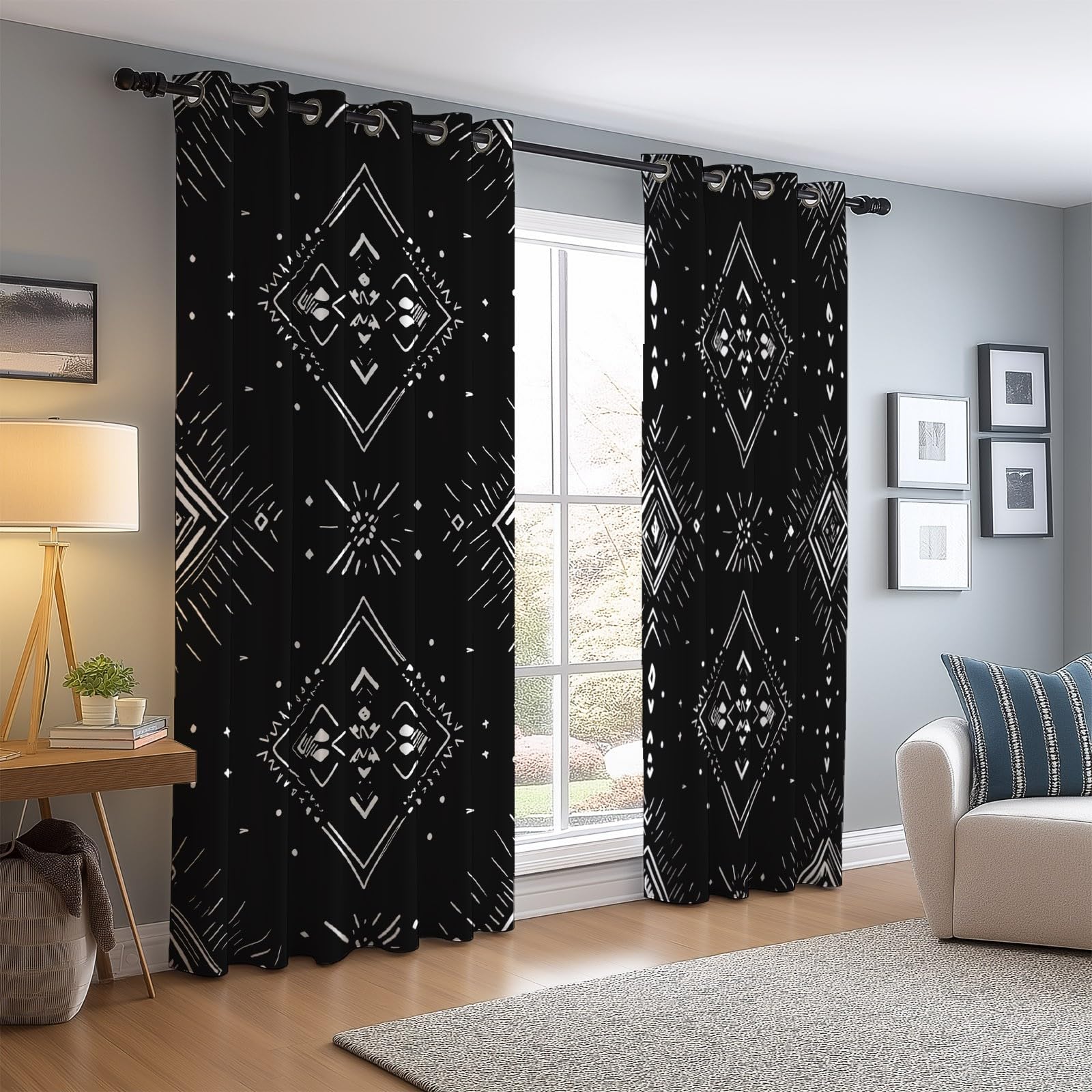 Géométrie Tribale Minimaliste Rideaux Longs 140L X 260H cm (2 Panneaux), Tissu Occultant Thermique pour Baie Vitrée, Noir