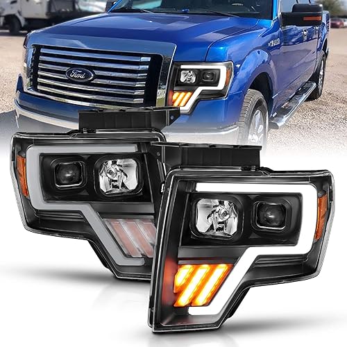 AmeriLite For 2009-2014 Ford F150 Truck LED Tube Projector Black Replacement Halogen Headlights Set - Passenger and Driver Side