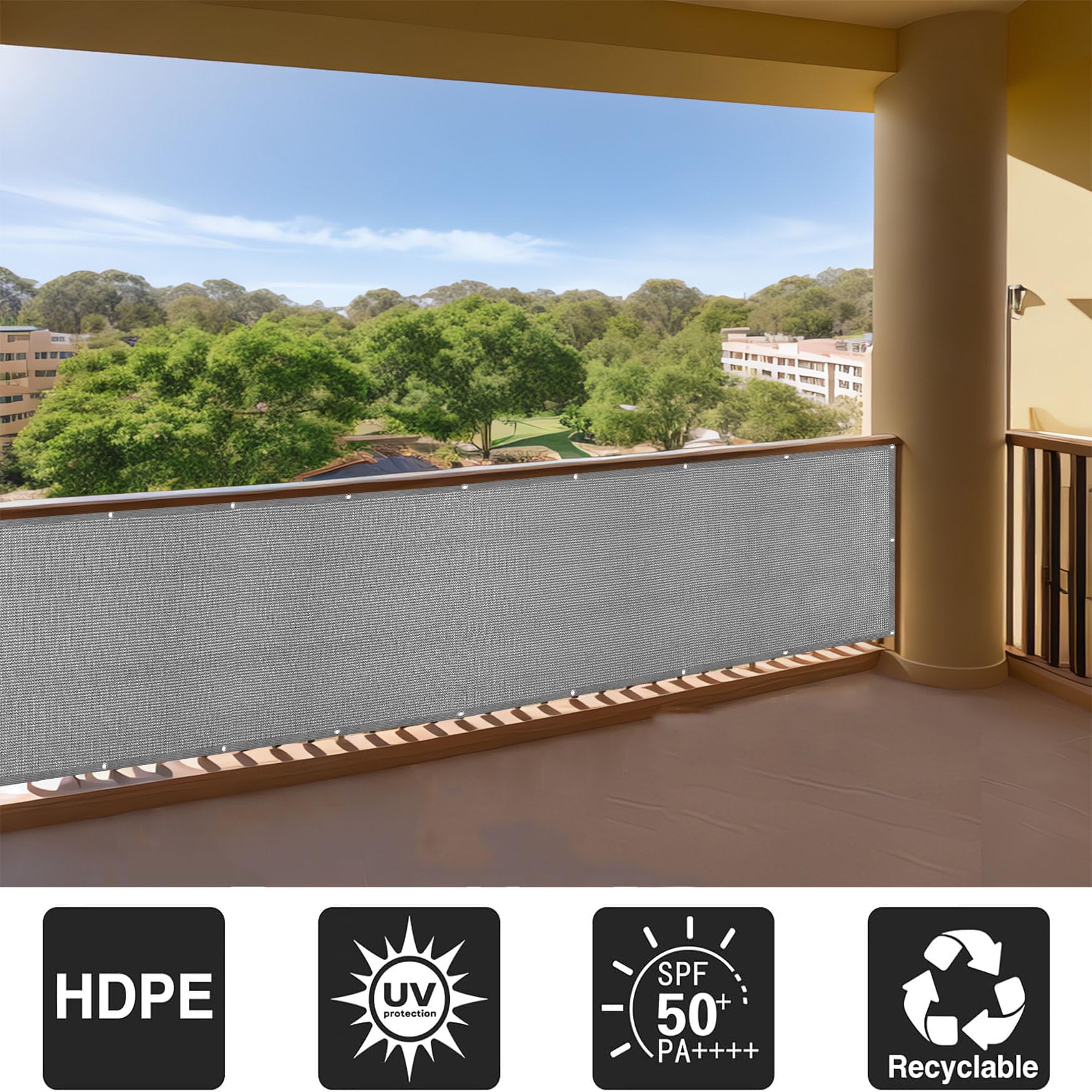 Brise Vue Balcon 90 x 140 cm Antidéchirure, Vent, Couverture de Confidentialité Cache Vue Balcon Occultant avec Trous et Serre Câbles pour Jardin et Lieu de Fête Piscine, Gris