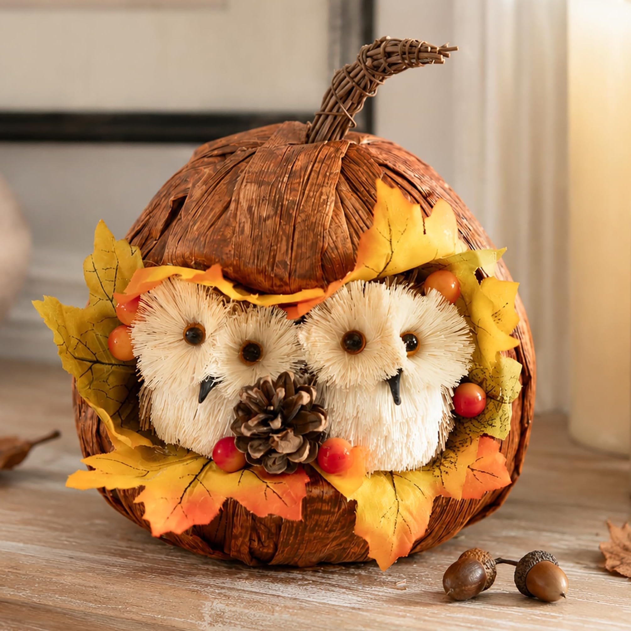Owls & Pumpkin Ornament - 17cm Polystyrene - Artificial Pumpkin Decoration
