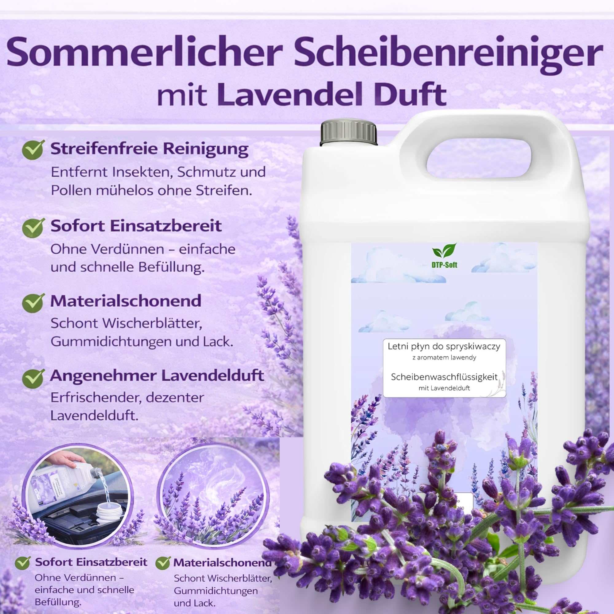 Scheibenreiniger 30L / 6x5 liter Sommer - Scheibenwischwasser fertig gemischt mit Lavendel Duft - streifenfrei gegen Insekten Schmutz Pollen
