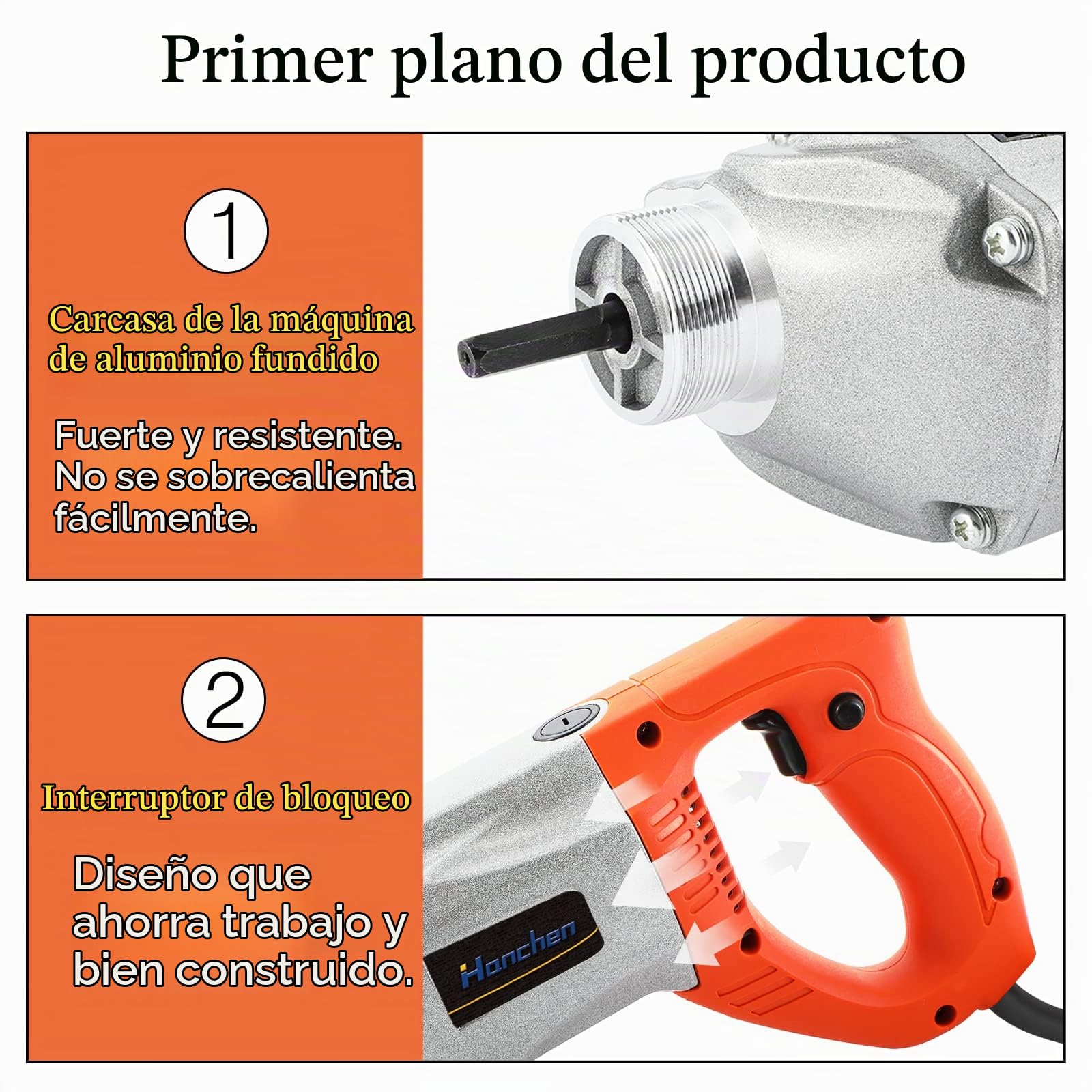 Hanchen Vibrador de Hormigón Industrial 1900W Mezclador Eléctrico Hormigonera Portátil Diámetro de 50mm con Manguera de 1/1.5/2m (Manguera de 2m)