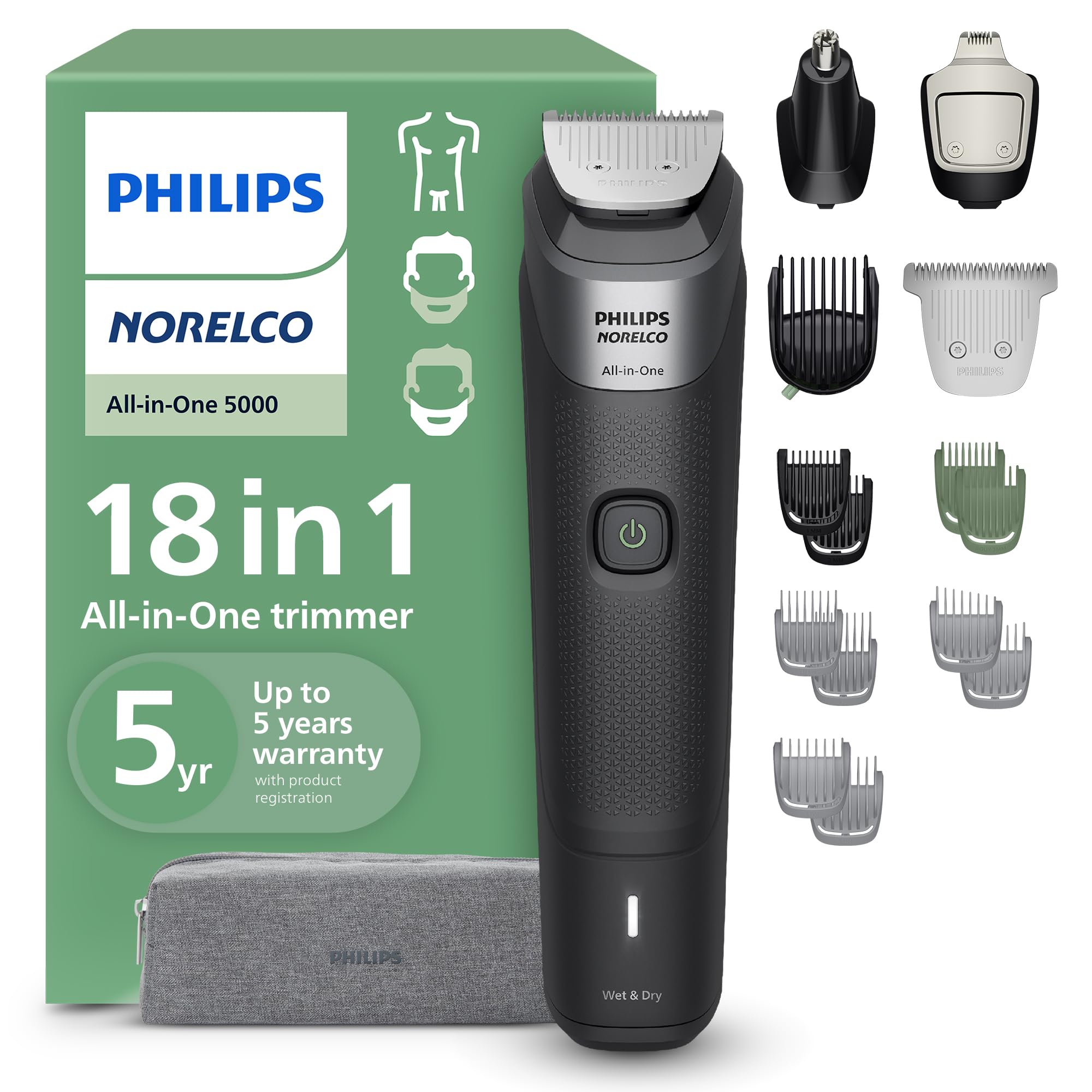 Philips Norelco All-in-One 18-Piece Trimmer 5000 Series - Shaver and Clipper for Face, Hair & Body, Self-sharpening Titanium Coated Blades, 16 Length Settings (0.5-16 mm), Wide Hair Clipper, MG5970/49GreenCircle Certified: Certified Environmental Facts Label