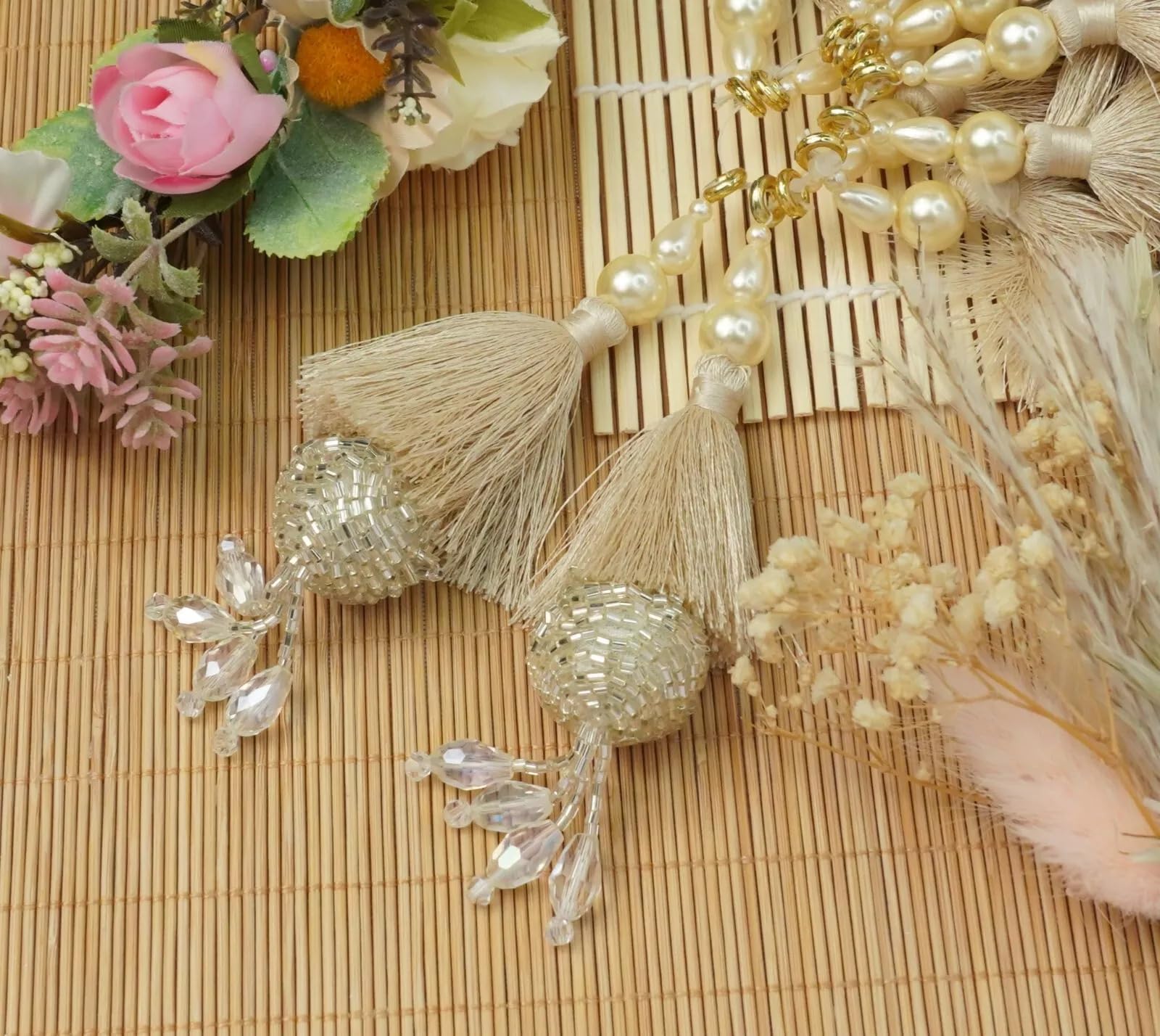 Feathers Creation Ltd Sew On Metallic Tassels Garland – Handmade Satin Thread & Beaded Latkan for Curtains, Saree Blouse Edging, Wedding Dress & Craft DIY – Pair of 5 Inch Tassels (Beige)