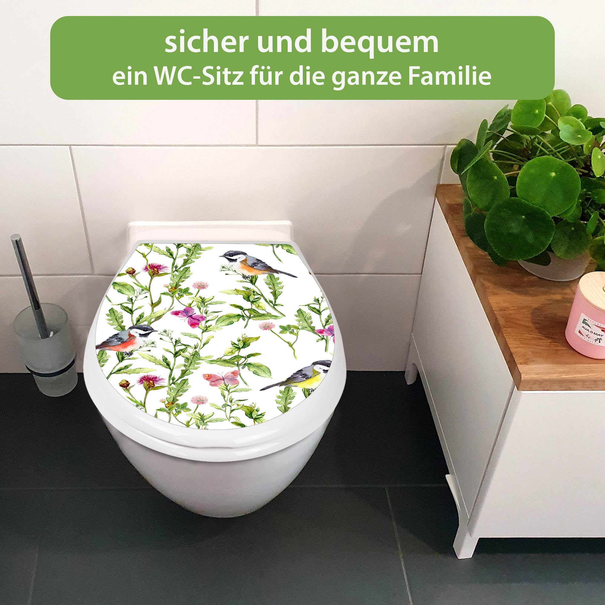 banjado Familien WC Sitz mit Absenkautomatik 44,9x37,1cm - Klobrille mit Kindersitz aus hochwertigem Polypropylen - Toilettendeckel mit Kinder Toilettensitz integriert - Motiv Meisen im Klee