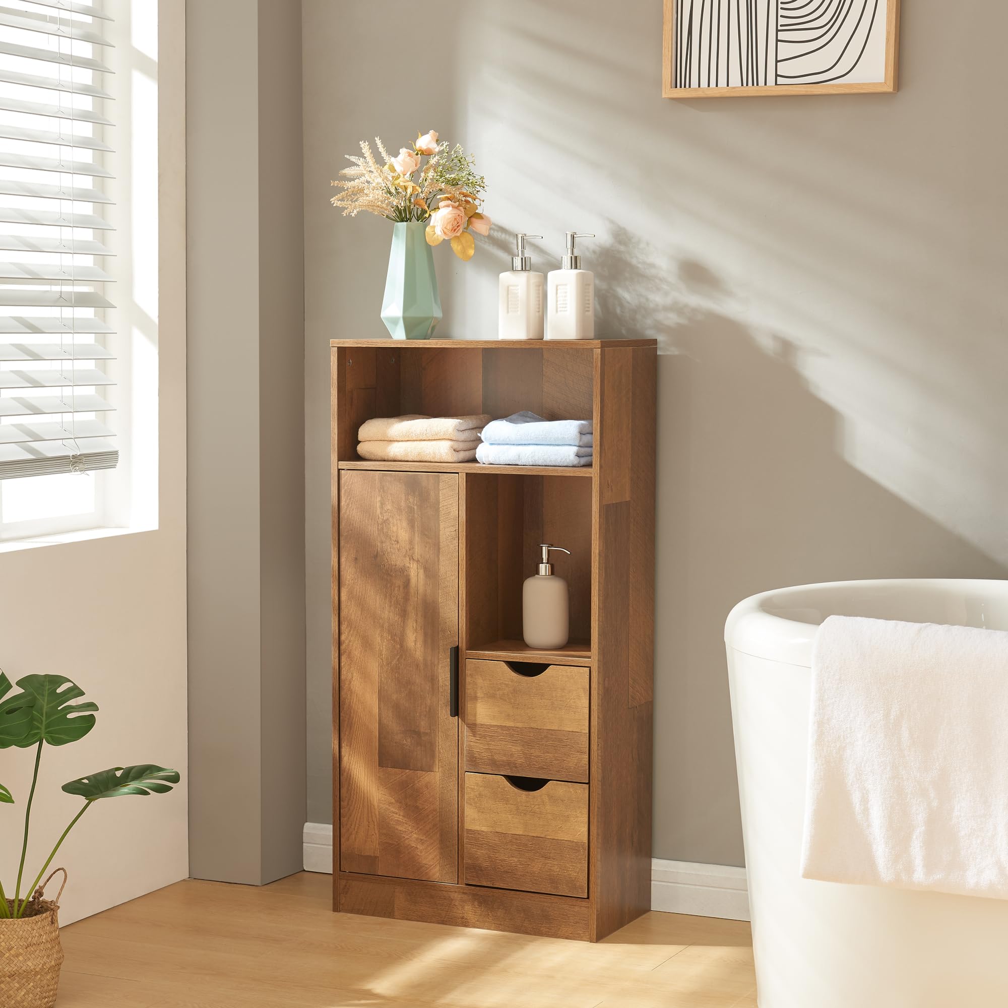 [en.casa] Mueble Baño Auxiliar Namsskogan con 4 Compartimentos 2 Cajones Armario Midi con Puerta Mueble Bajo para Dormitorio Aglomerado Tirador de Metal 100 x 50 x 25 cm - Efecto Nogal
