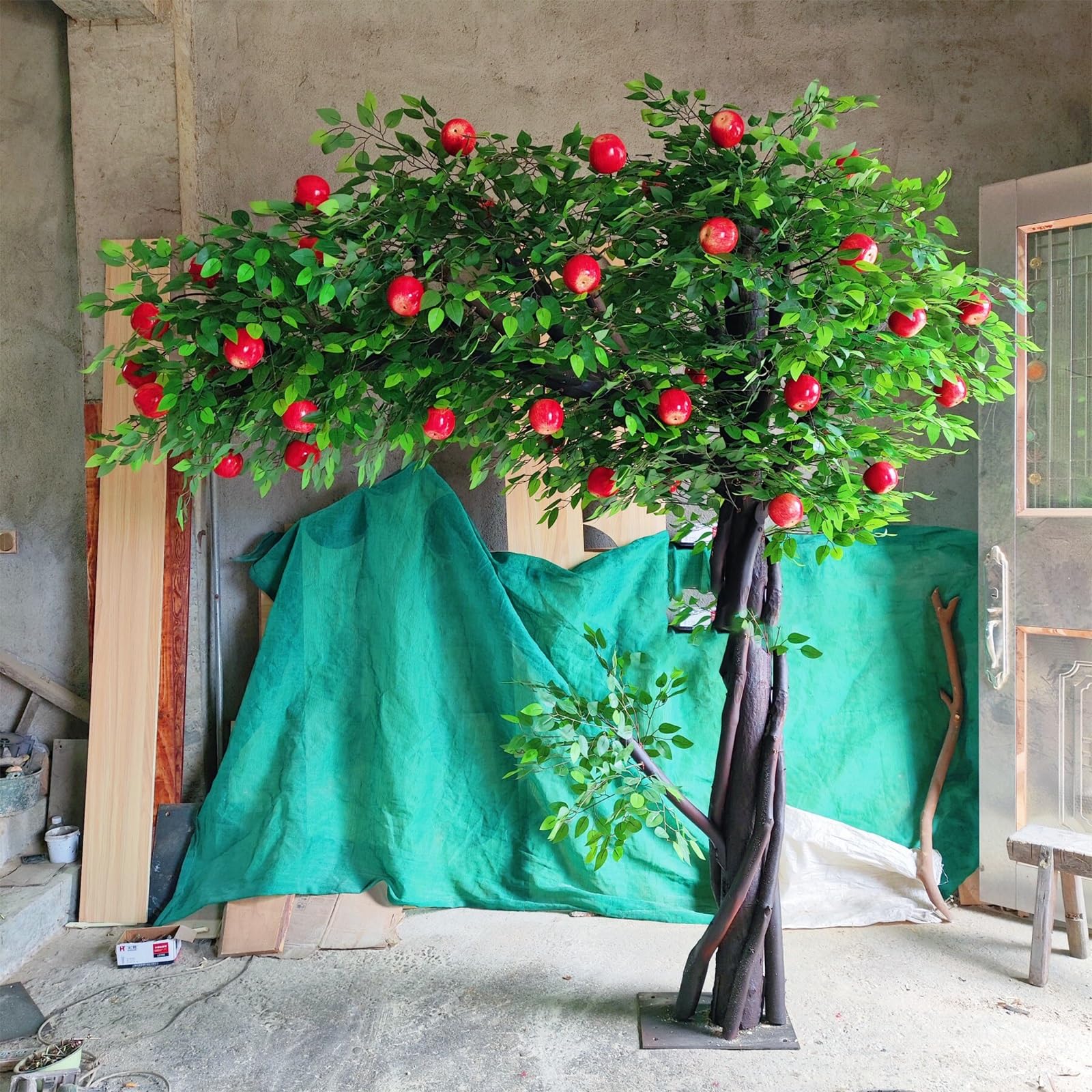 Tropical Artificial Lychee Tree, Lifelike Silk Foliage Fake Fruit Tree with Red Lychee Berries, Decorative Floor Plant for Tiki Bar, Hawaiian Party, Indoor Landscape Design(5x5m)