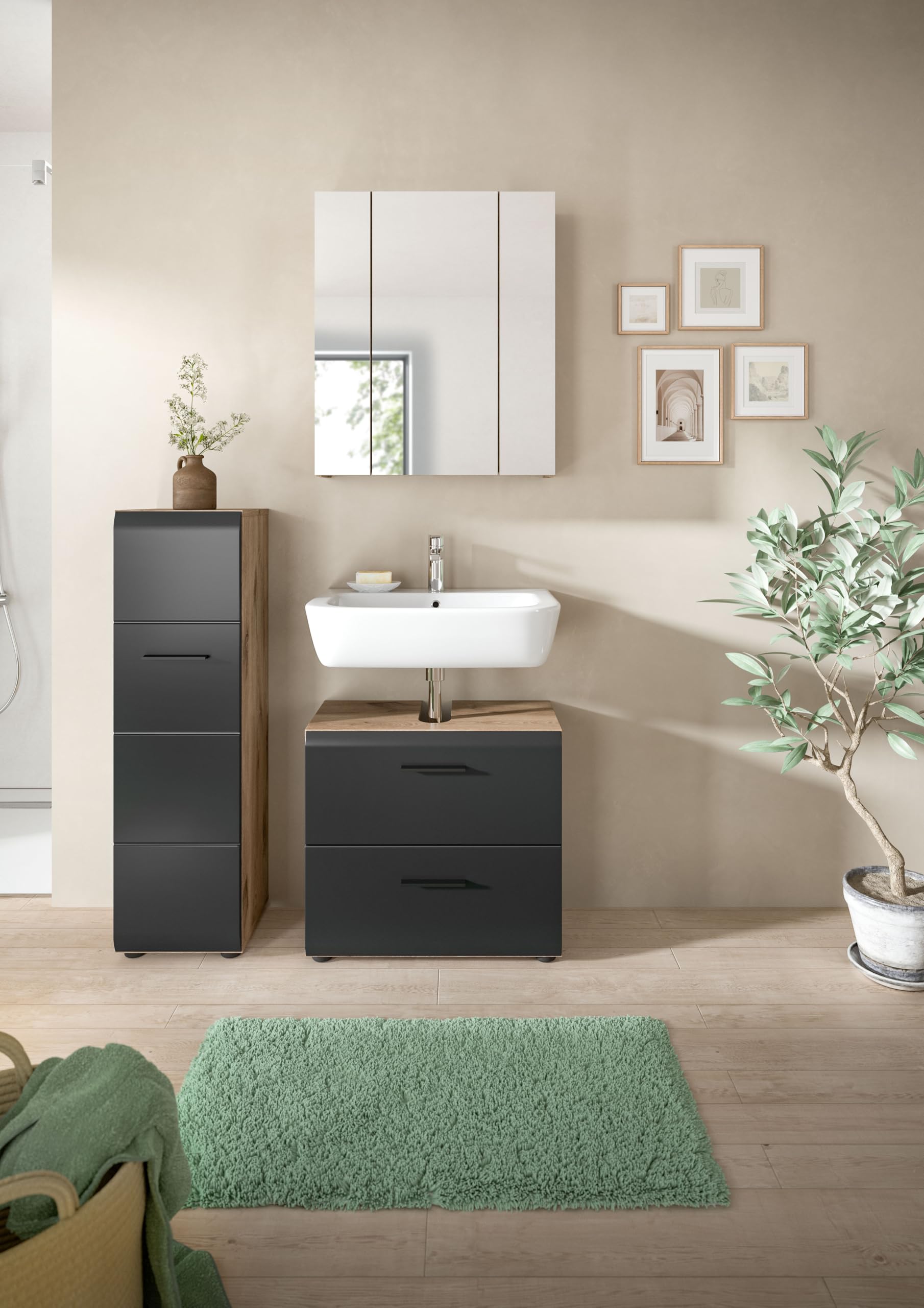 xonox.home – 3 TLG. Badezimmerkombination Ice 105x185x30 cm in Korpus Nox Oak Nachbildung und Front schwarz matt – Hochwertige Badmöbel-Kombi – modern – Bild 6