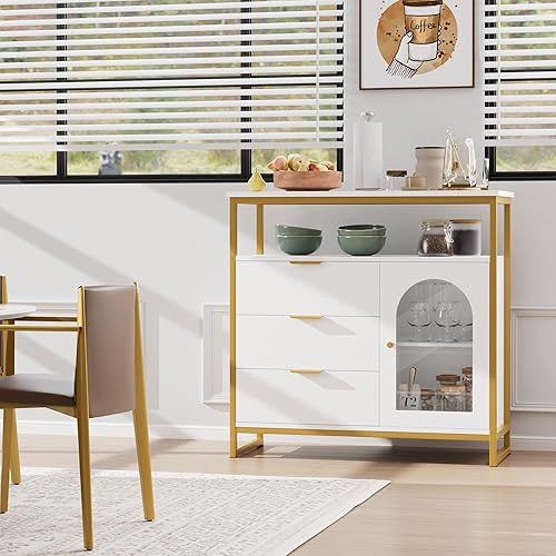 Miniatura 5 de FACBOTALL Armario de almacenamiento con puerta de vidrio, aparador de buffet industrial moderno, gabinete de barra de café independiente, gabinetes