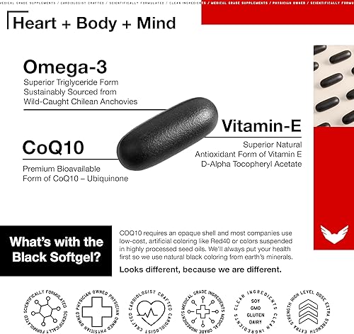 Miniatura 4 de High Level Omega 3, CoQ10 y vitamina E, soporte para el corazón, el cuerpo y la mente con aceite de pescado, coenzima Q10, cera de abeja