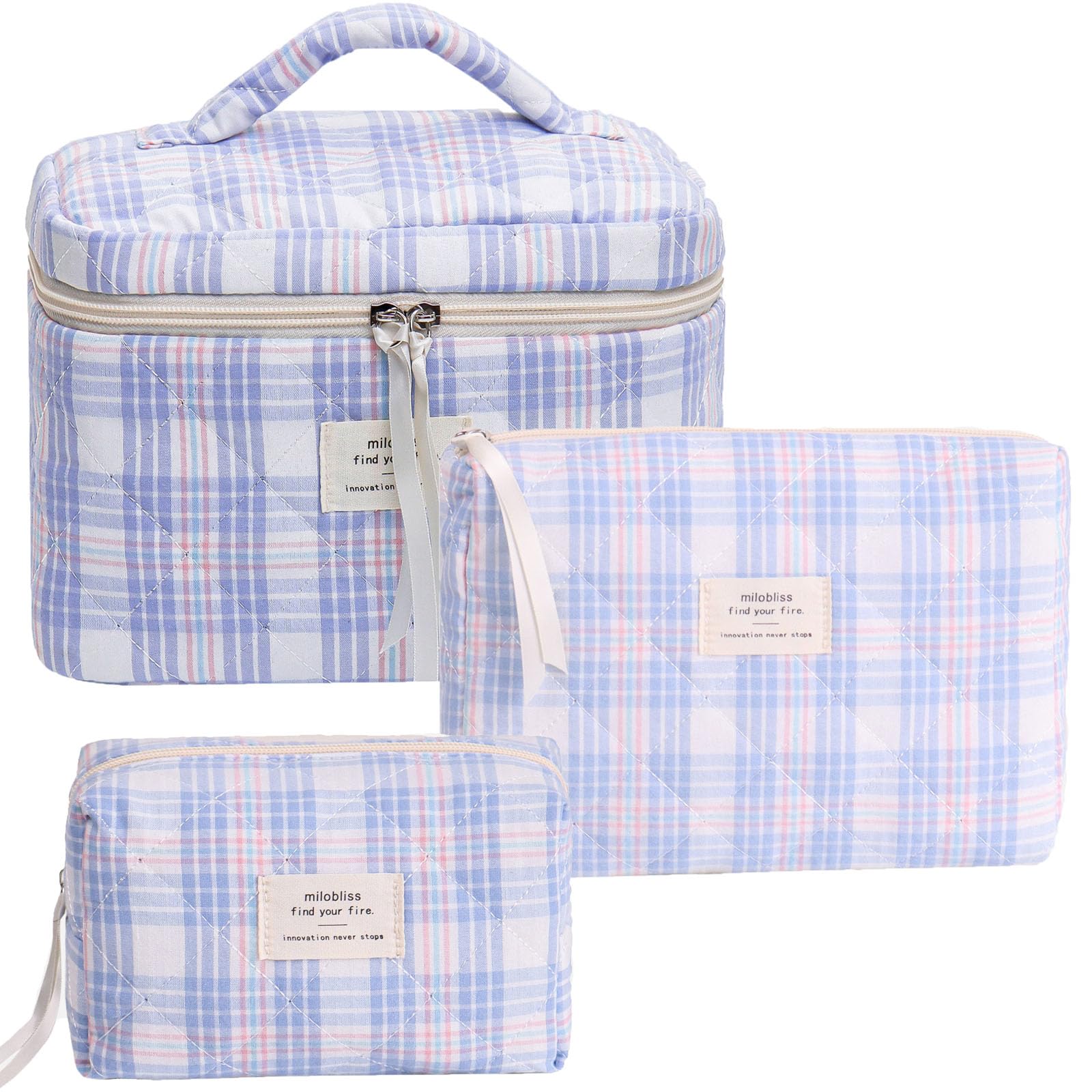 JINFANRUI 3 Pcs Makeup Bag Set, Cute Cotton Toiletry Makeup Bag, Coquette pink Striped Cosmetic Bag, Large Travel Organized Cosmetic Bag for Women and