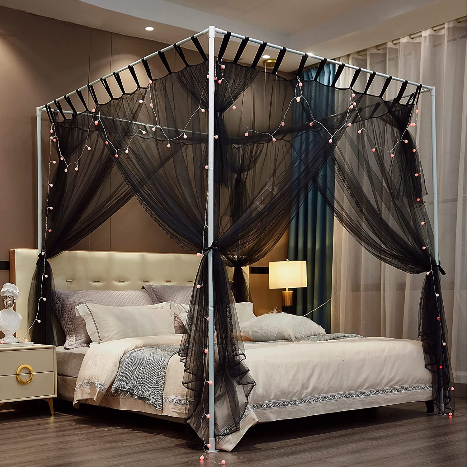 4 Corners Post Bed Canopy Curtain Mosquito Net Bed Canopy, Queen King Bed Tent Netting, Elegant Bed Curtains for Girls Adults Bedroom Decor (Black, King)