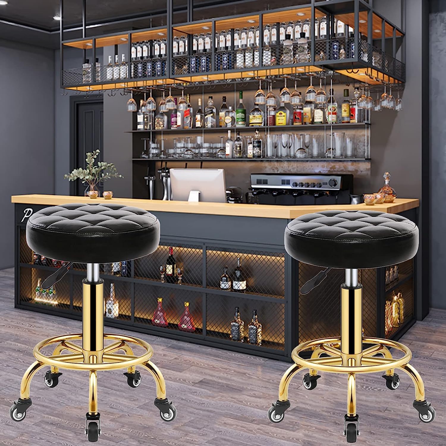 Vintage Bar Chairs Rolling Bar Stool PU Leather Round Seat Office