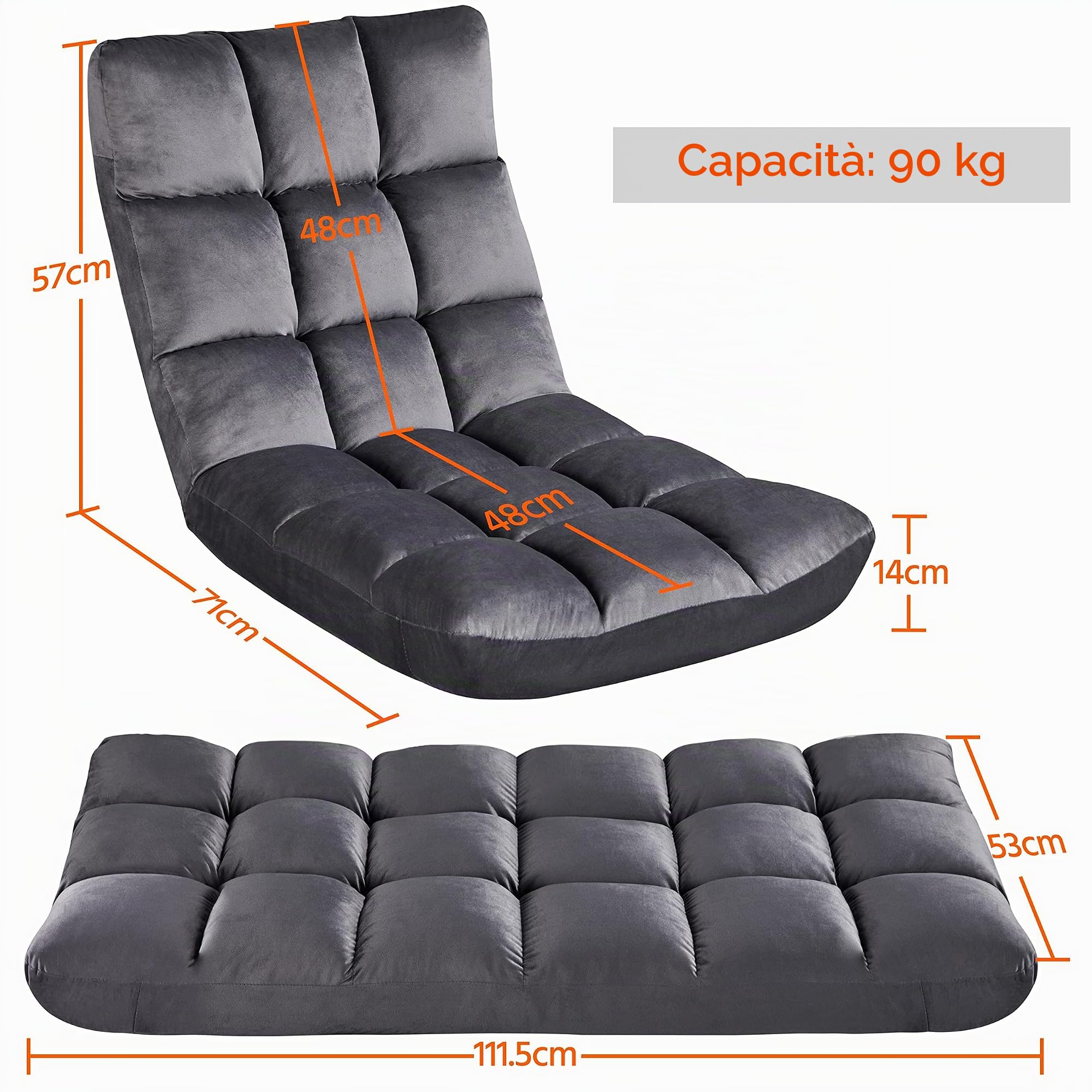 Yaheetech Sedia da Pavimento con Schienale Regolabile Poltrona Imbottita da Gioco/Yoga/Meditazione/Ufficio Domestico/TV/Lettura Grigia | Colore Grigio, Inclinazione 90°-180°, Telaio in Metallo, Per Lettura, TV, Meditazione, Casa e Ufficio