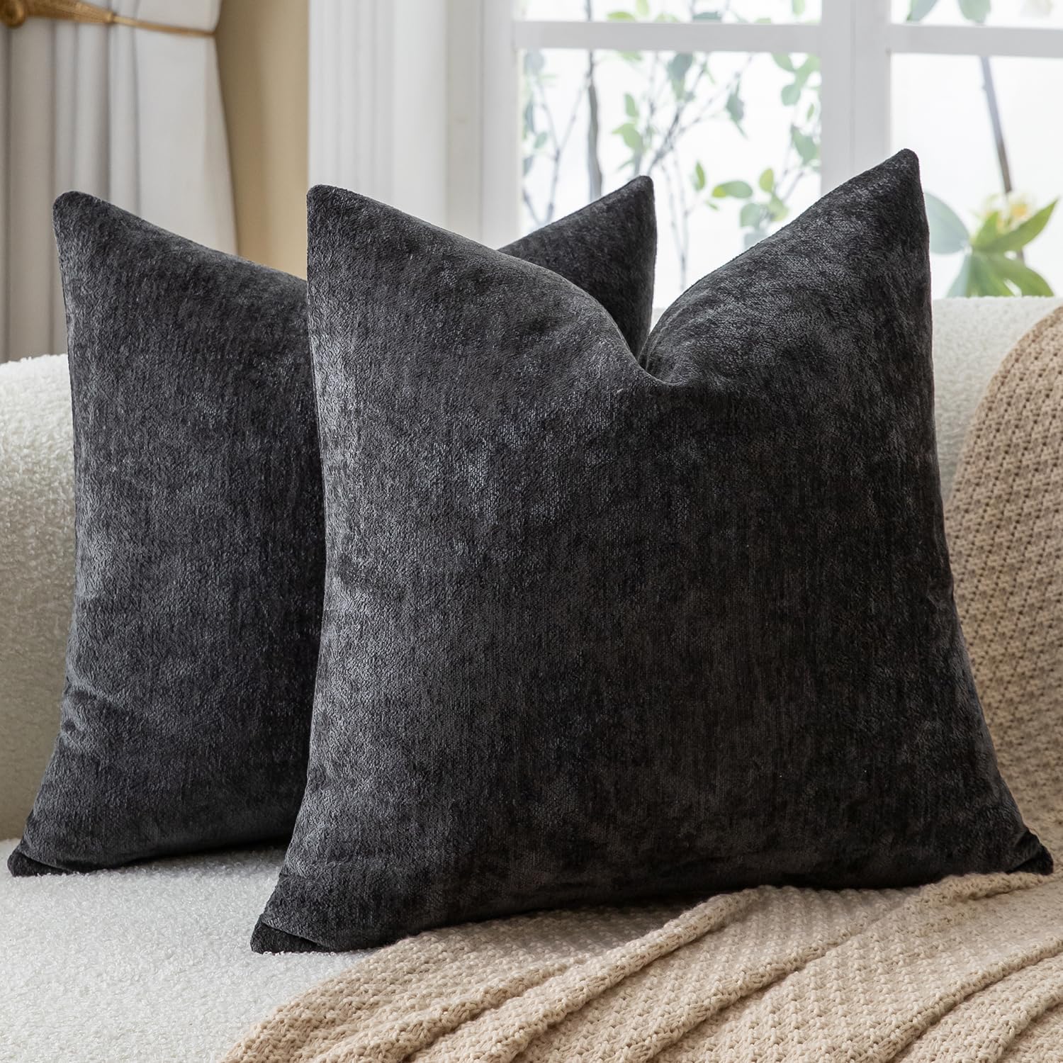 Mandioo Chenille Black Cushion Covers 30x30cm 12x12 Inch Set of 2, Decorative Soft Thick Couch Pillow Covers Solid Accent Farmhouse Neutral Throw Pillow Cases for Sofa Bed Living Room