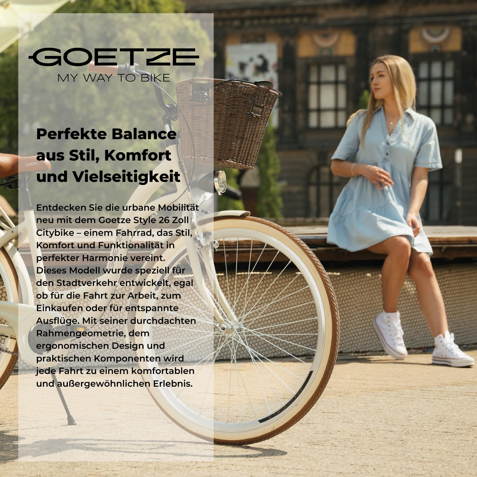 Goetze Style 26 Zoll Citybike, 17 Zoll Tiefeinsteiger Rahmen, 3-Gang Nabenschaltung, Rücktrittbremse, V-Bremse vorne, LED-Beleuchtung, Rattankorb, Komfortsattel, mit Seitenständer & Klingel