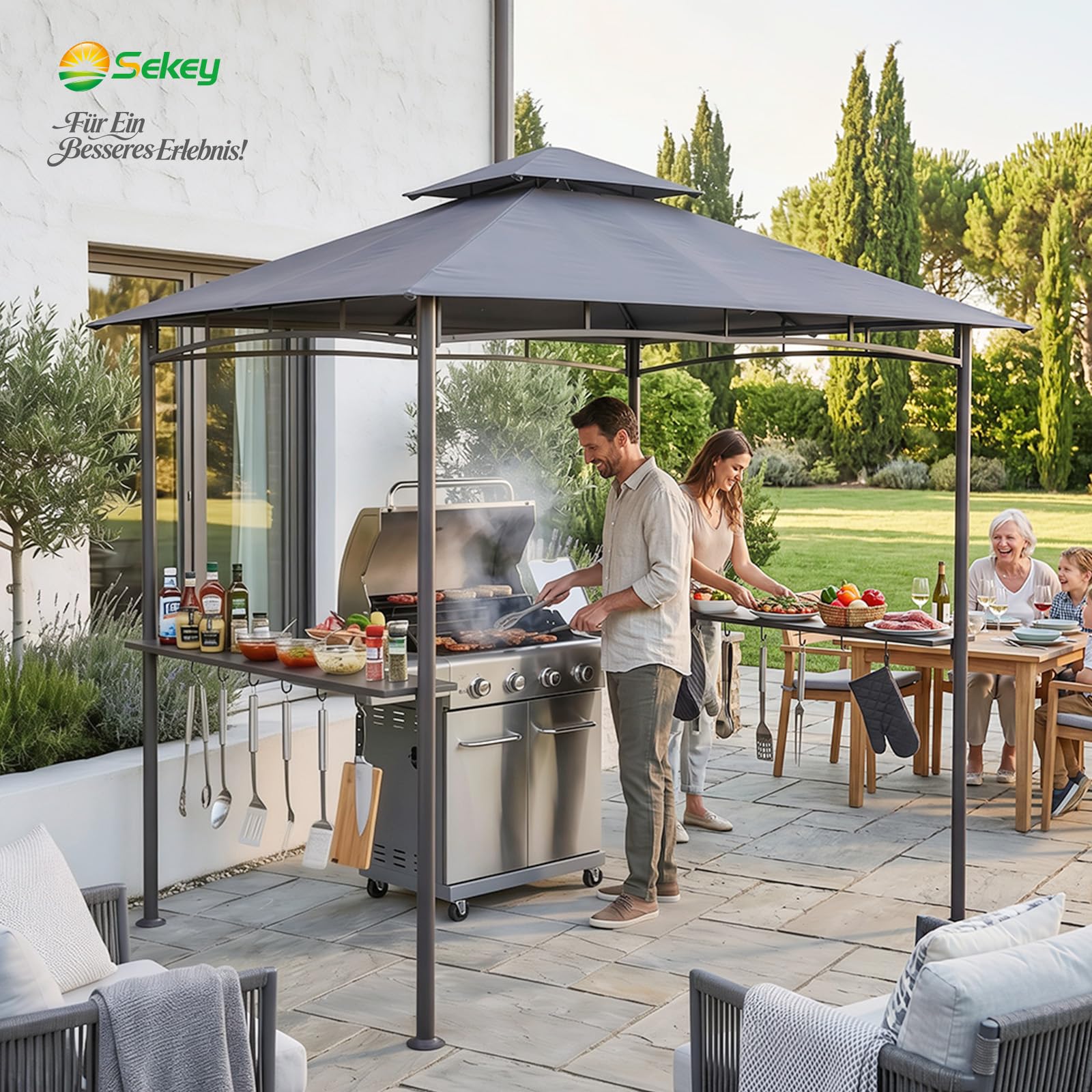 Sekey grillpavillon Winterfest wetterfest mit Doppeldach, Seitenregalen, Haken & Flaschenöffner, sekundenschnell aufbaubar UV-Schutz 50+, grillüberdachung Outdoor für Garten BBQ Camping, Anthrazit