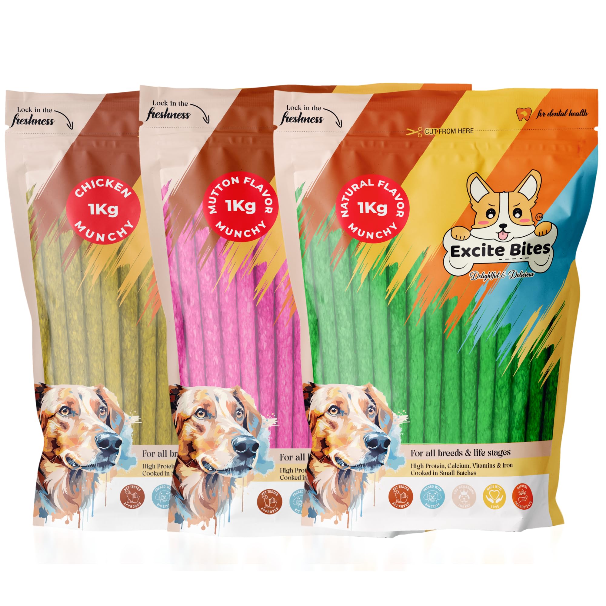 Excite Bites Combo Offer - Chicken, Mutton & Natural Munchy Sticks - Dog Chew Sticks, 1000 G (Pack of 3),All Life Stages