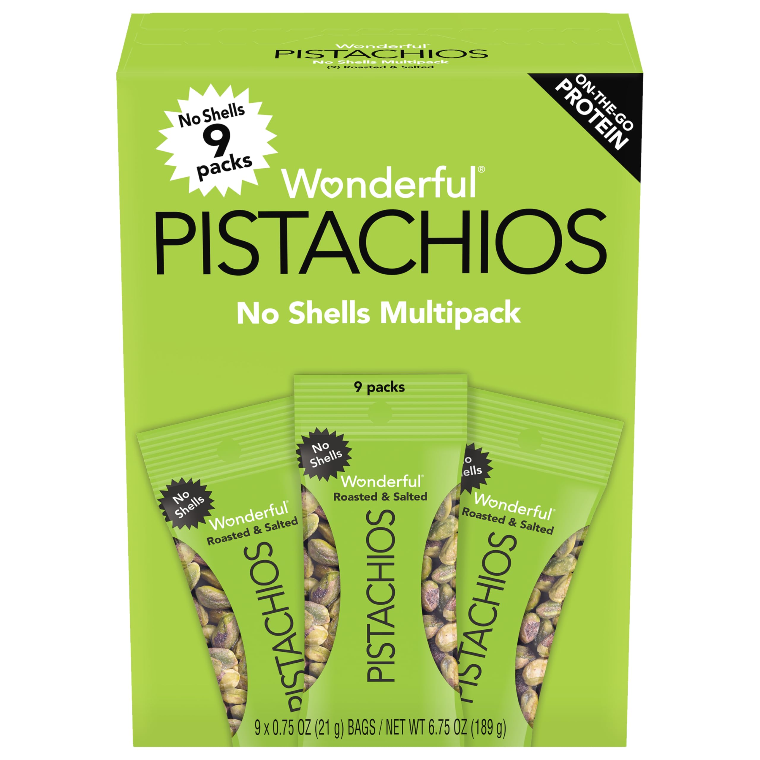 Wonderful Pistachios No Shells, Roasted & Salted Nuts, 0.75 Ounce Bag (Pack of 9), Protein Snacks, Gluten Free, On-the-Go, Individually Wrapped Healthy Snacks