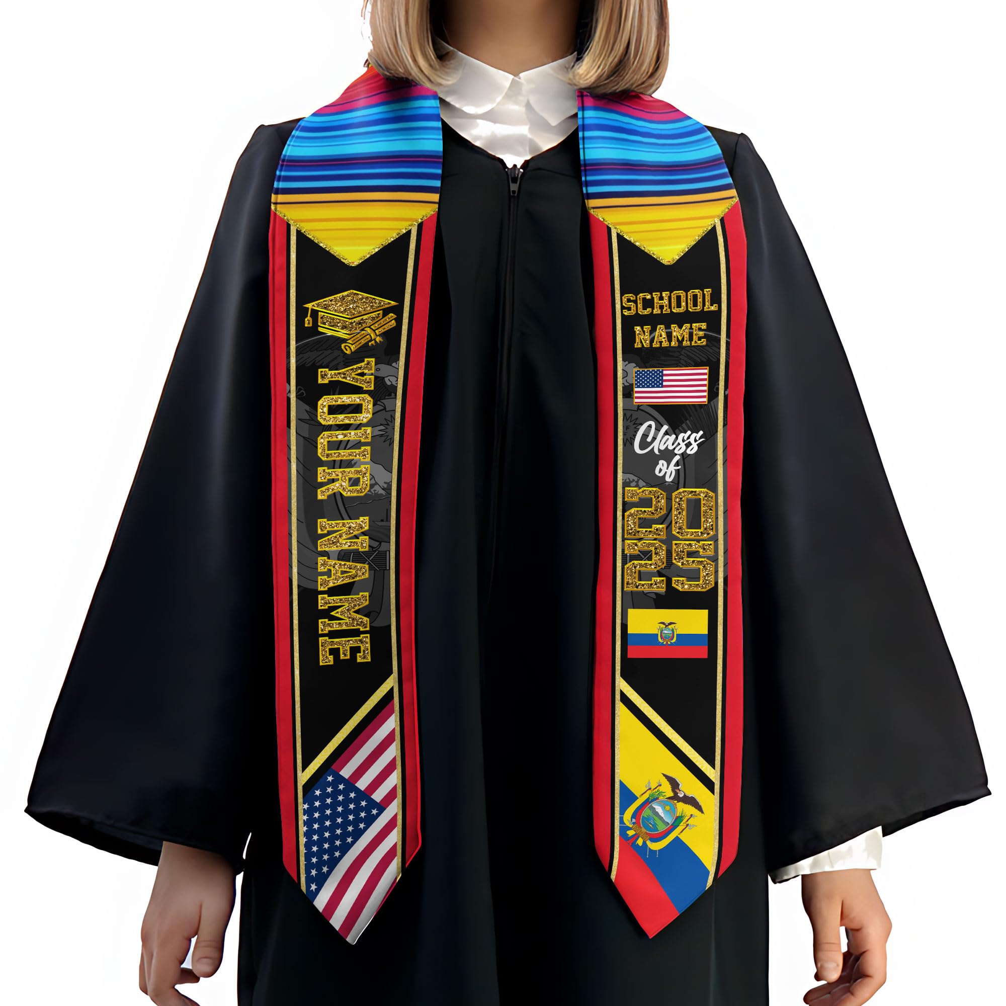 MAPrints Custom Ecuador Graduation Sash, Ecuadorians American Flag Graduation Stole 2025, Ecuador Flag Pride Graduation Sash (ECAD 11)
