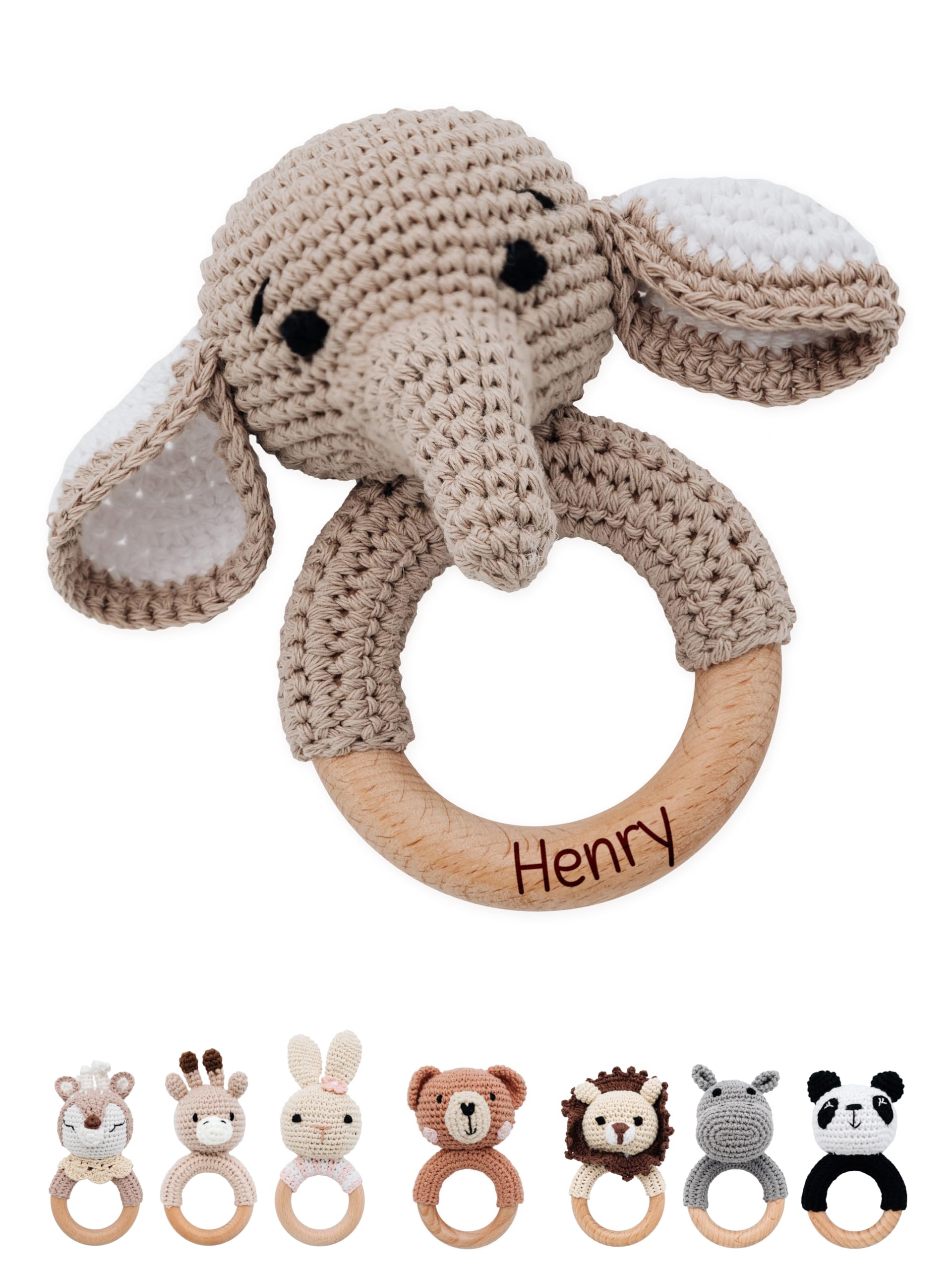 Brenfreunde - Personalised Teething Ring Baby - Cute Grasping Toy for Babies from 0 Months - Baby Rattle with Name as a Baby Gift for Girls and Boys (Elephant, Without Name)