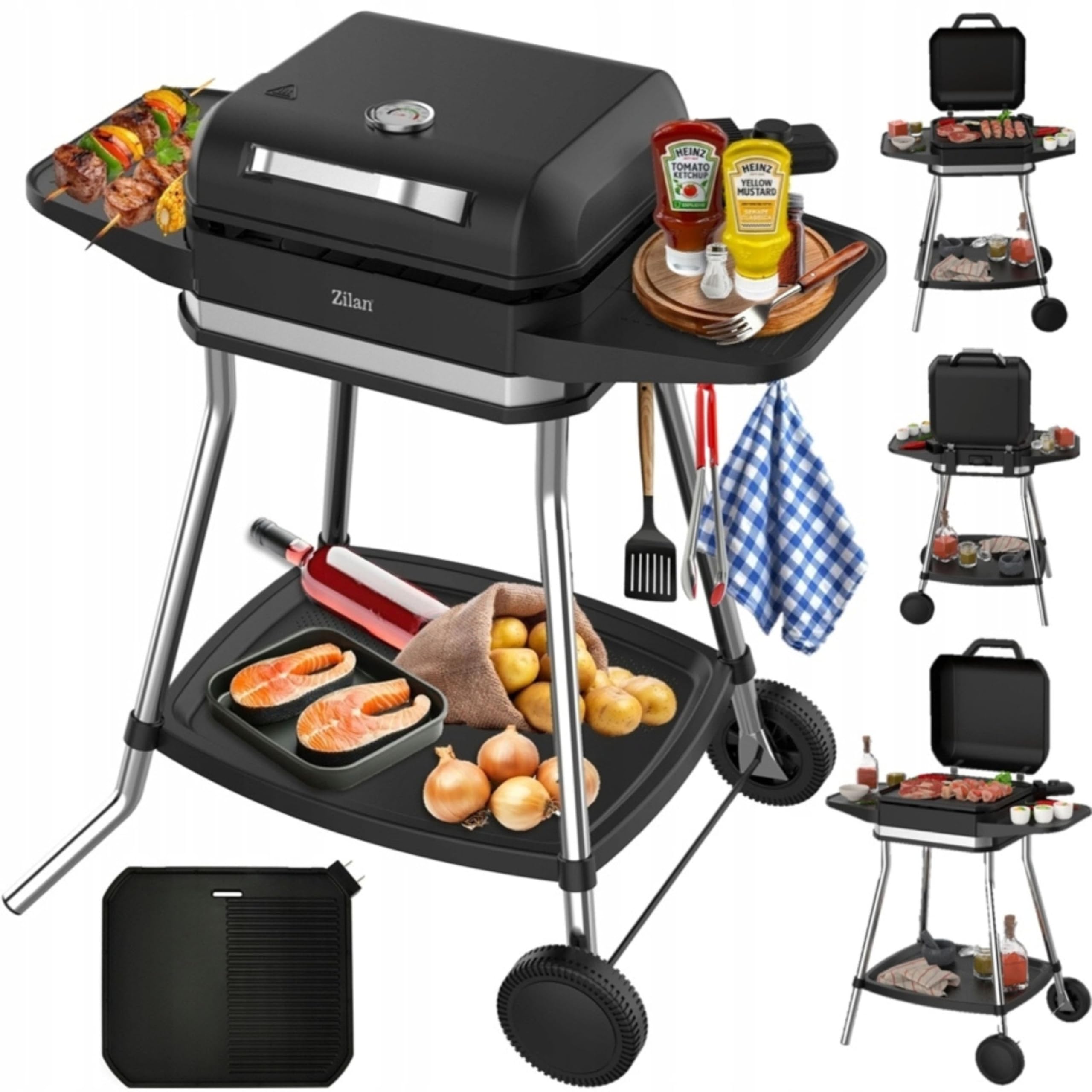 Barbecue électrique 2 en 1 3050 W avec pied grandes surfaces de cuisson régulateur de température