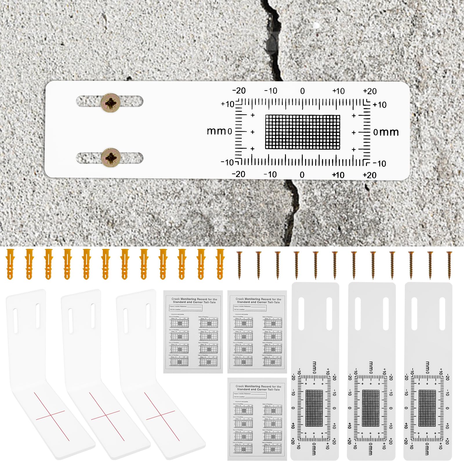Tcwhniev 3 Pcs Crack Monitor Accurate ABS Acrylic Crack Gauge Monitor Accurate Crack Monitoring Records Reusable Crack Gauge Waterproof Crack Measure Gauge for Corner Crack Standard Tell Tale