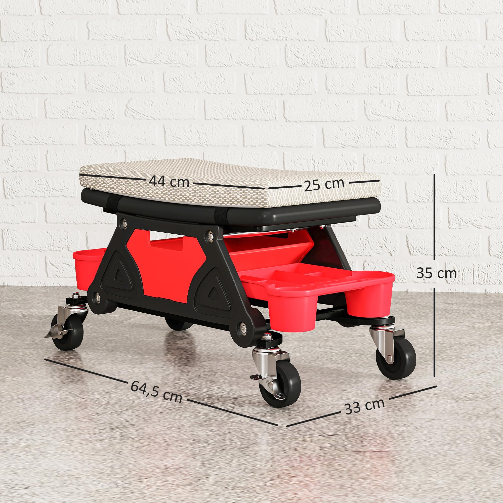 HOMCOM Werkstatthocker mit Rollen Ablagefläche Schublade 35cm hoch Rollhocker bis 135 kg belastbar Arbeitshocker Rollsitz Werkstattsitz für Werkstatt Grau