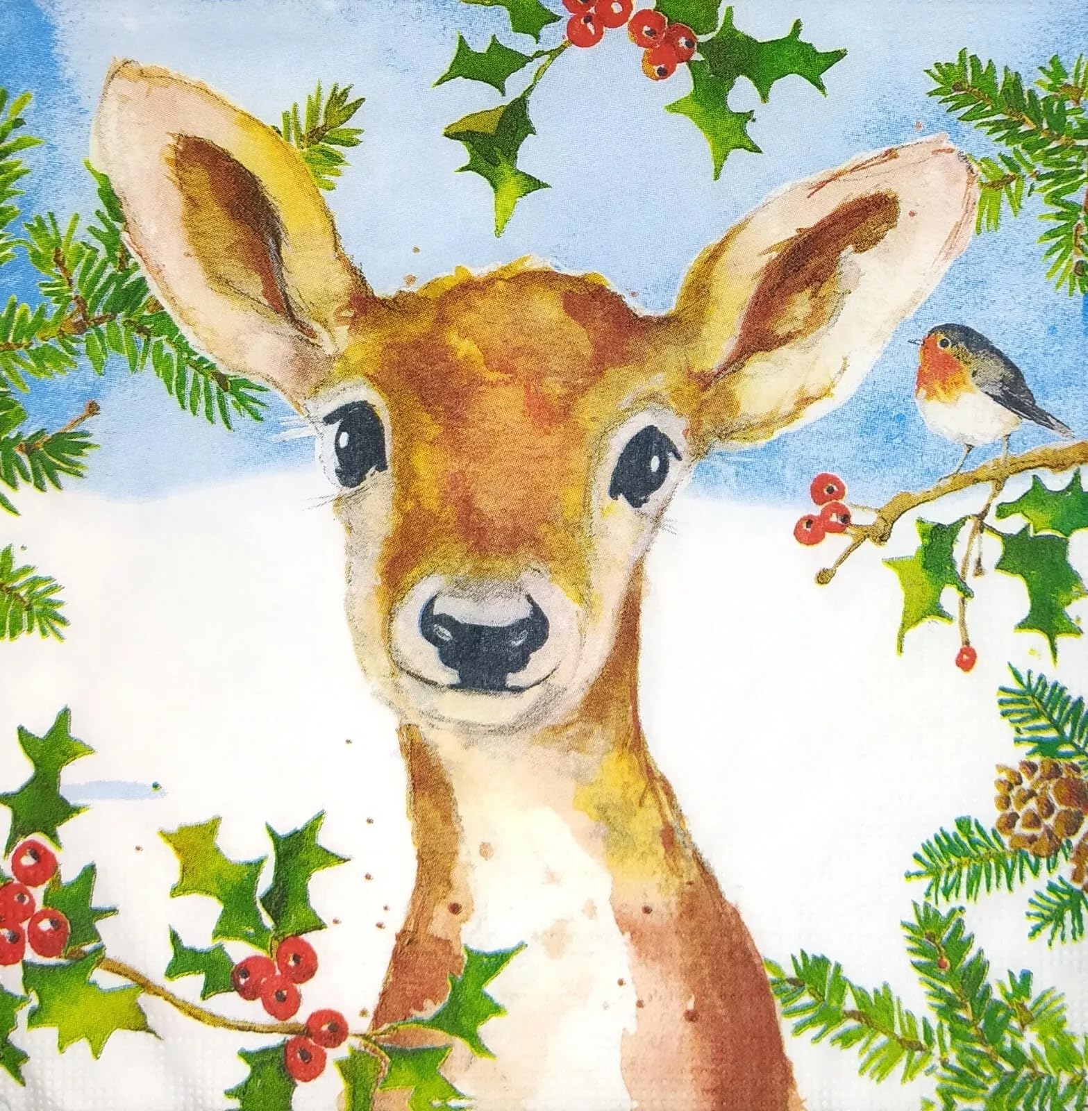 Set of 2 Individual Decoupage Paper Party Napkin Deer Fawn Robin Winter Watercolor Decor Luncheon Napkins for a Birthday Holiday, Wedding, Cocktail Party