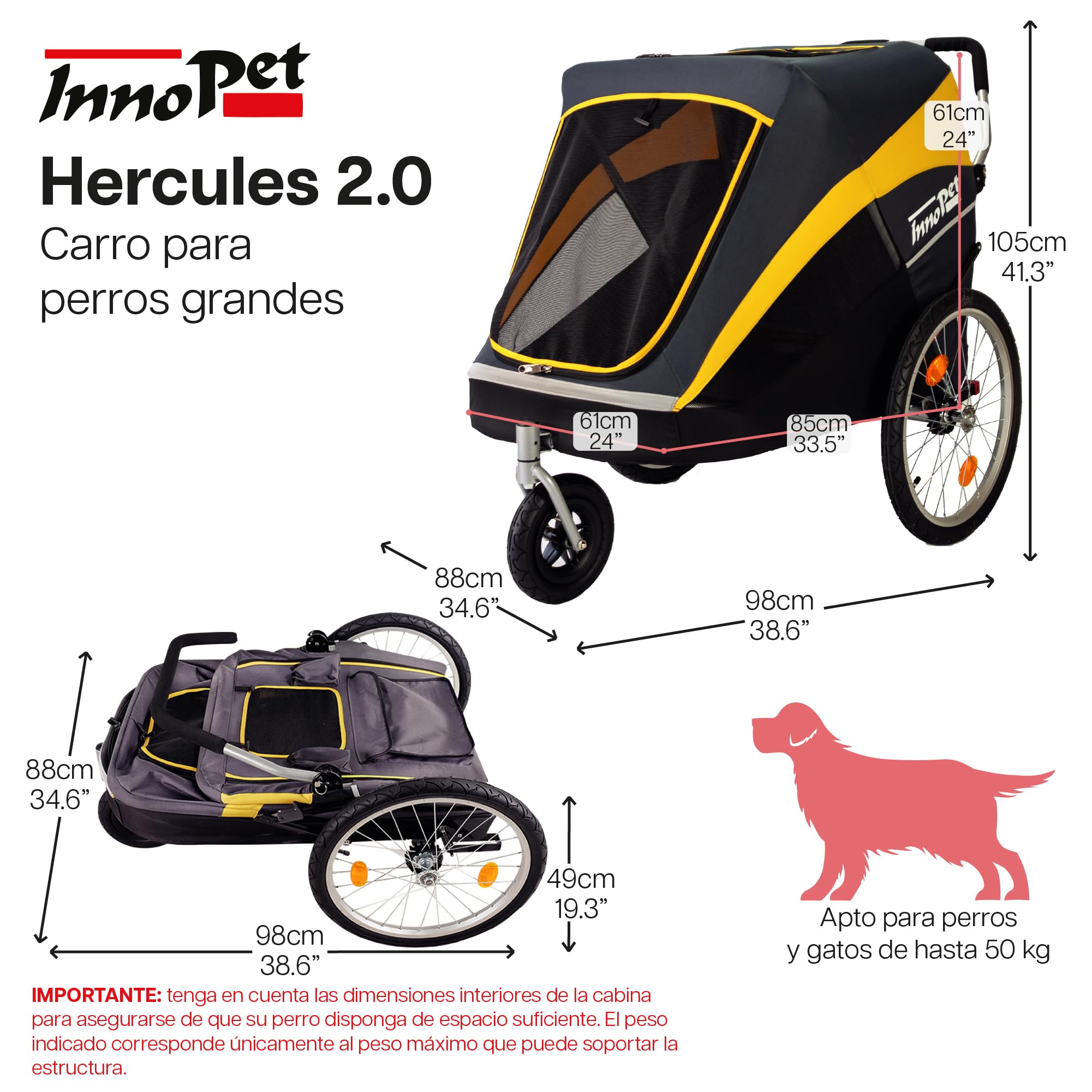 Innopet Hercules 2.0 Carrito para Perros Grandes (hasta 50 kg) - Amarillo/Gris. Incluye protector de lluvia, ruedas de 45 cm y montaje fácil sin herramientas