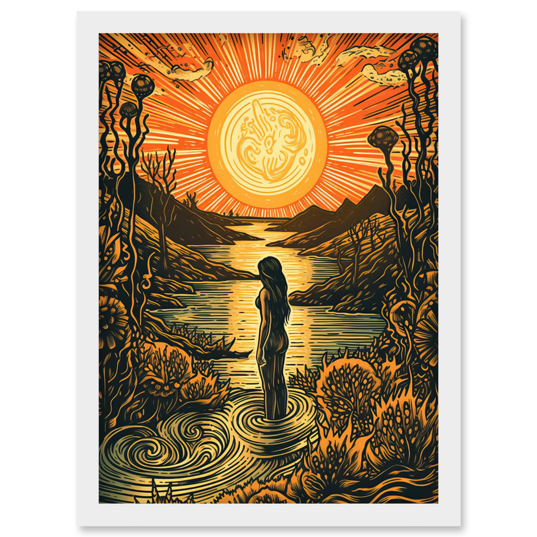 Artery8 Woman Bathing in Creek at Sunset Modern Linocut Artwork Framed Wall Art Print A4
