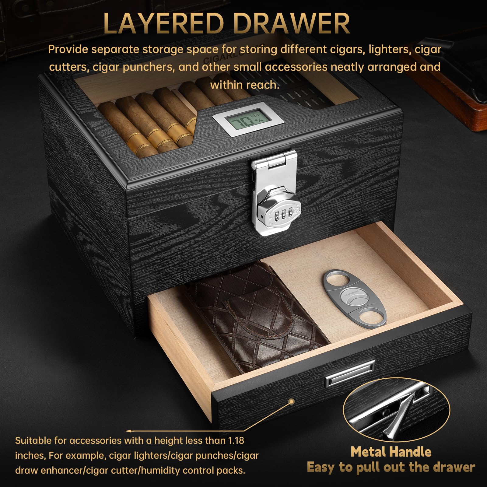 Zigarren Humidor, Zedernholz Humidor Zigarrenbox, Desktop Humidor mit Hygrometer, Luftbefeuchter, Regal, Trennwand, Zigarrenzubehör Schublade und Zahlenschloss, für 75 Zigarren, Zigarren Geschenke für