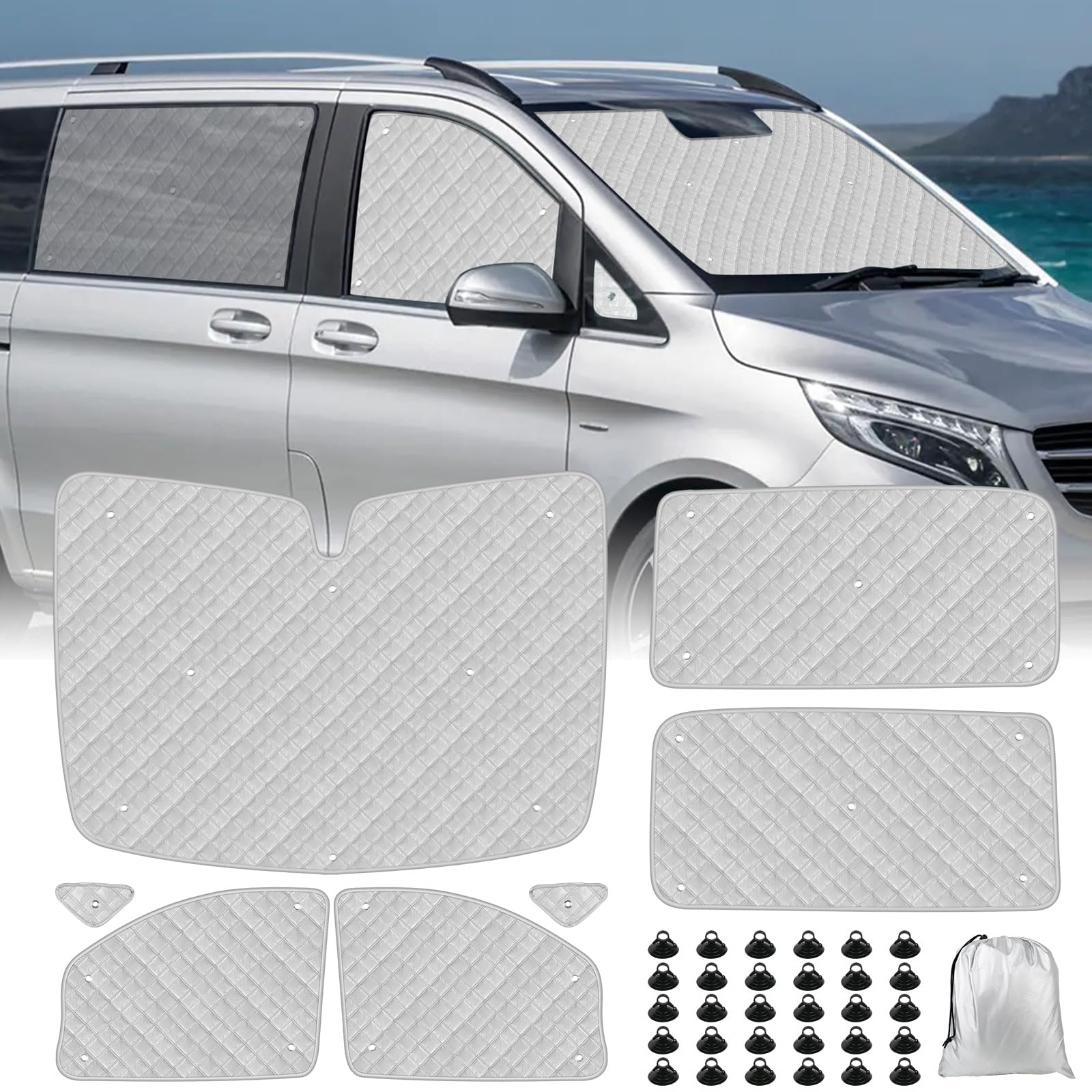 Thermomatte Fahrerhaus Innen Kompatibel mit 2014-2022 Mercedes-Benz VITO III W447/Viano, 7PCS Faltbare Sonnenschutz Frontscheibe Innen für Wohnmobil Privatsphäre & Temperaturkontrolle