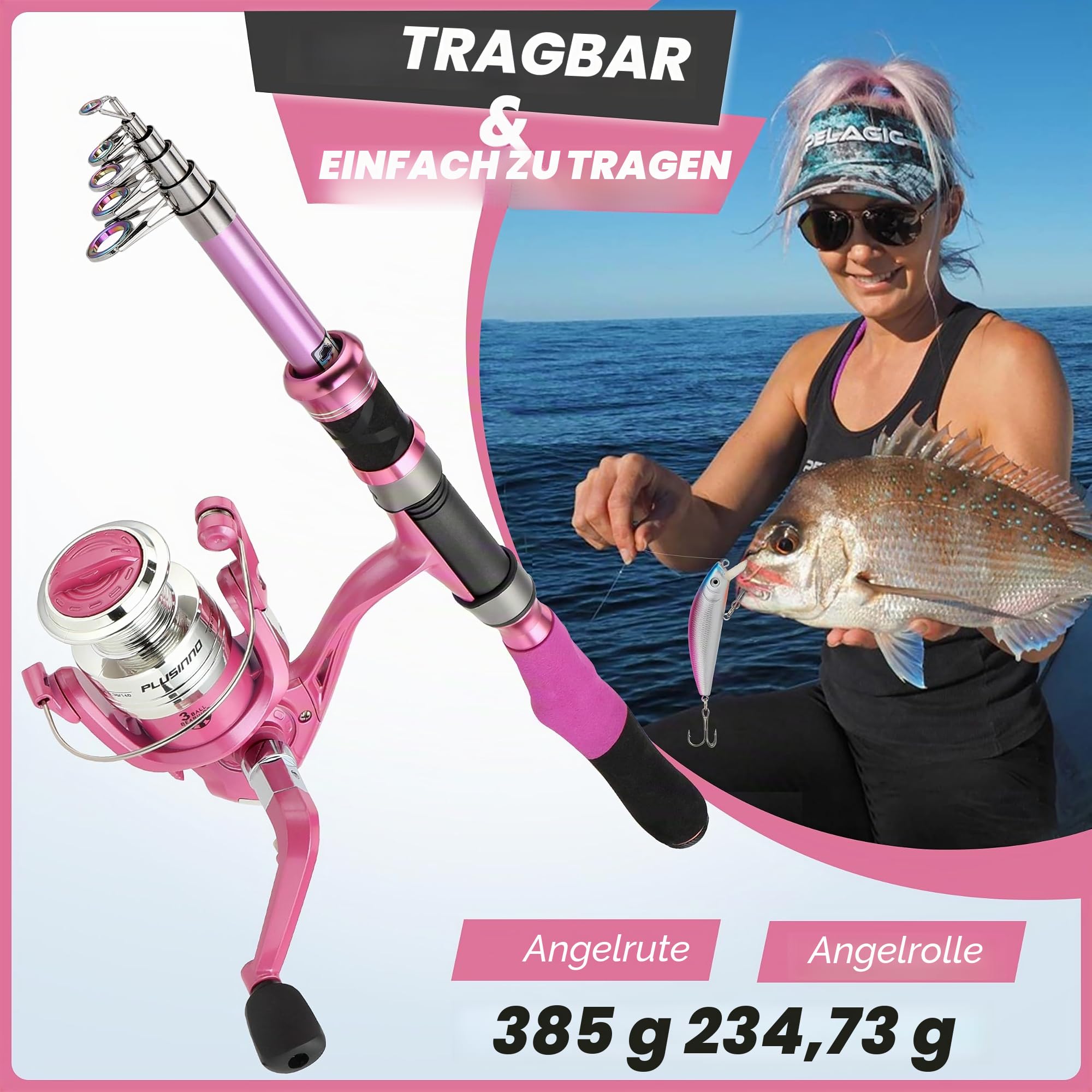 PLUSINNO Damen Rosa Teleskop-Angelrute und Rolle