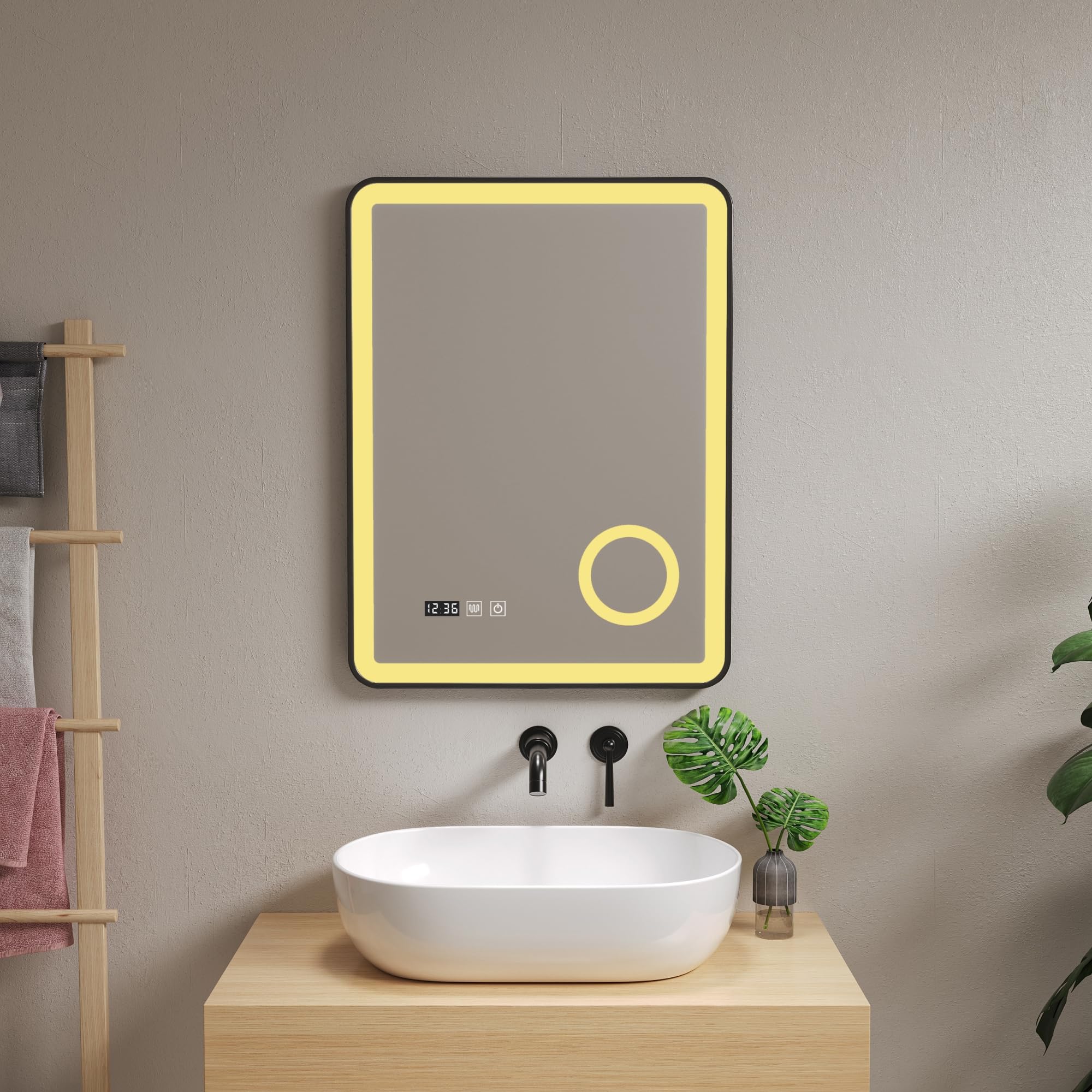 pro.tec Specchio LED da Parete Specchio Rettangolare da Bagno Antiappanamento Lente Ingranditore Orologio Luce Bianca Regolabile con Sensore Tattile 60 x 80 cm Cornice Nera