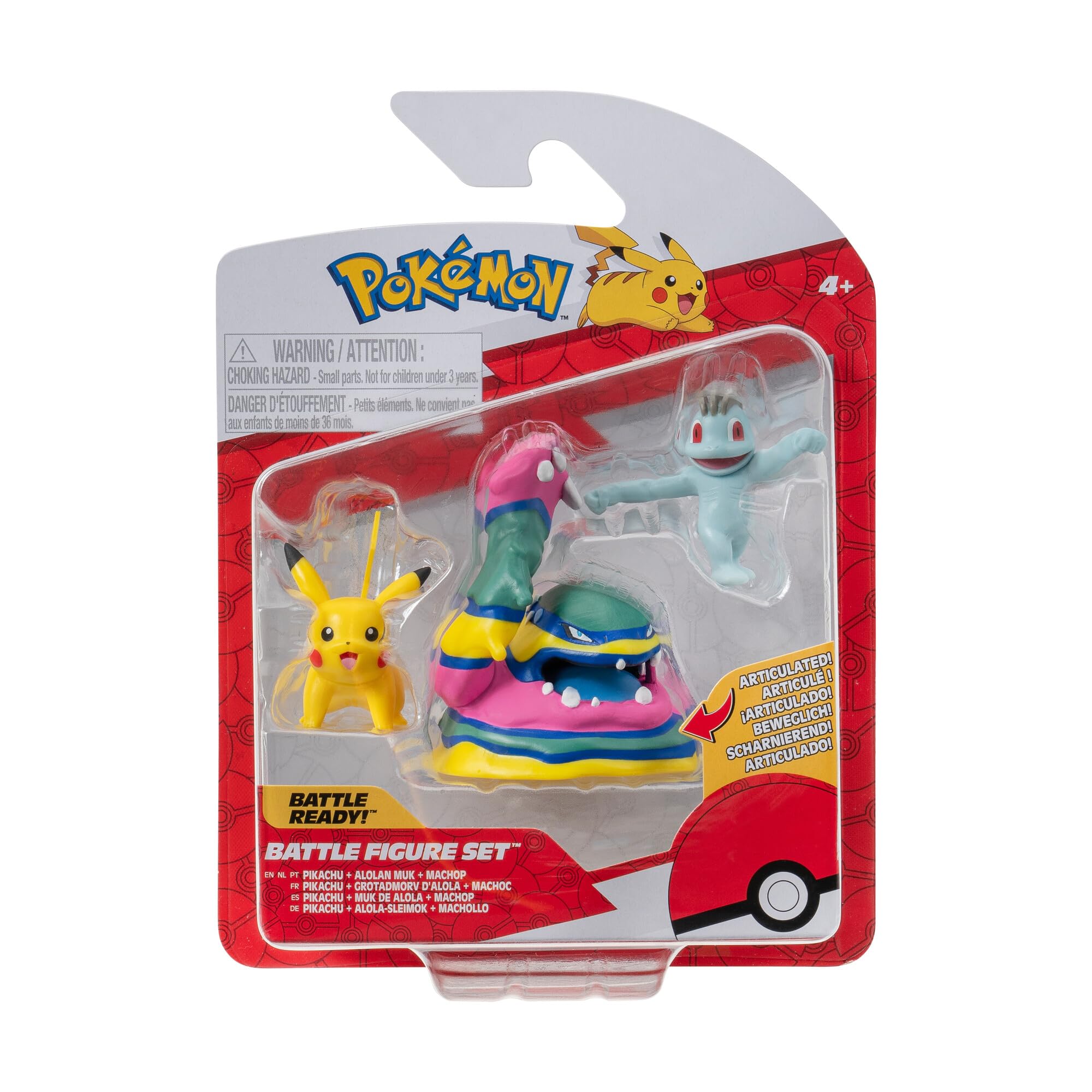 Pokémon Battle Figure 3 Pack, Features 2-Inch Pikachu and Machop and 3-Inch Alolan Muk Battle Figures, Pikachu, Machollo