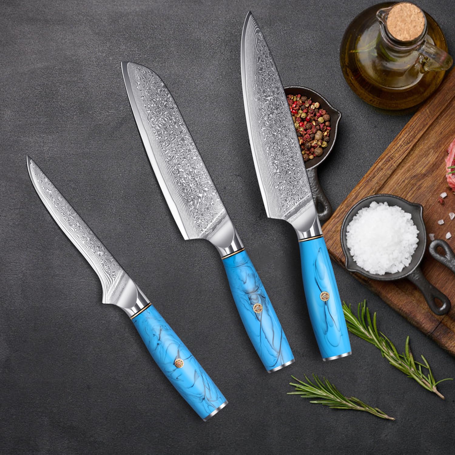 Home Safety Set Coltelli da Cucina 3 Pezzi, in 67 Strati di Acciaio Damascato Vg-10, Coltello da Cucina Professionali, Coltello Chef Manico Ergonomico in Resina Naturale, Confezione Regalo