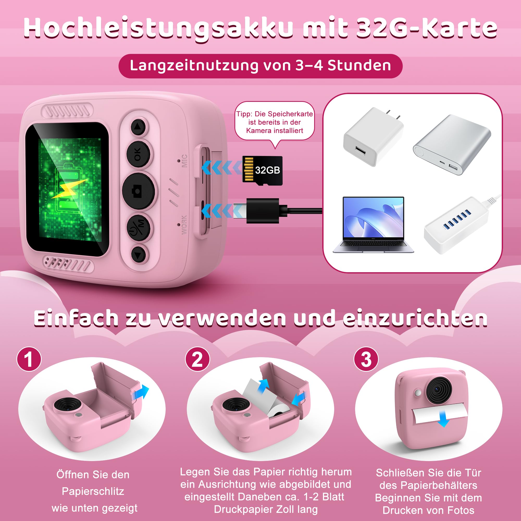 kamera Sofortbildkamera, Kamera mit 32GB Karte & 4 Bände Druckpapier, 48MP Sofortbildkamera mit 1080P Digitalkamera für , Geschenke für Mädchen und Jungen von 3 bis 12 Jahre