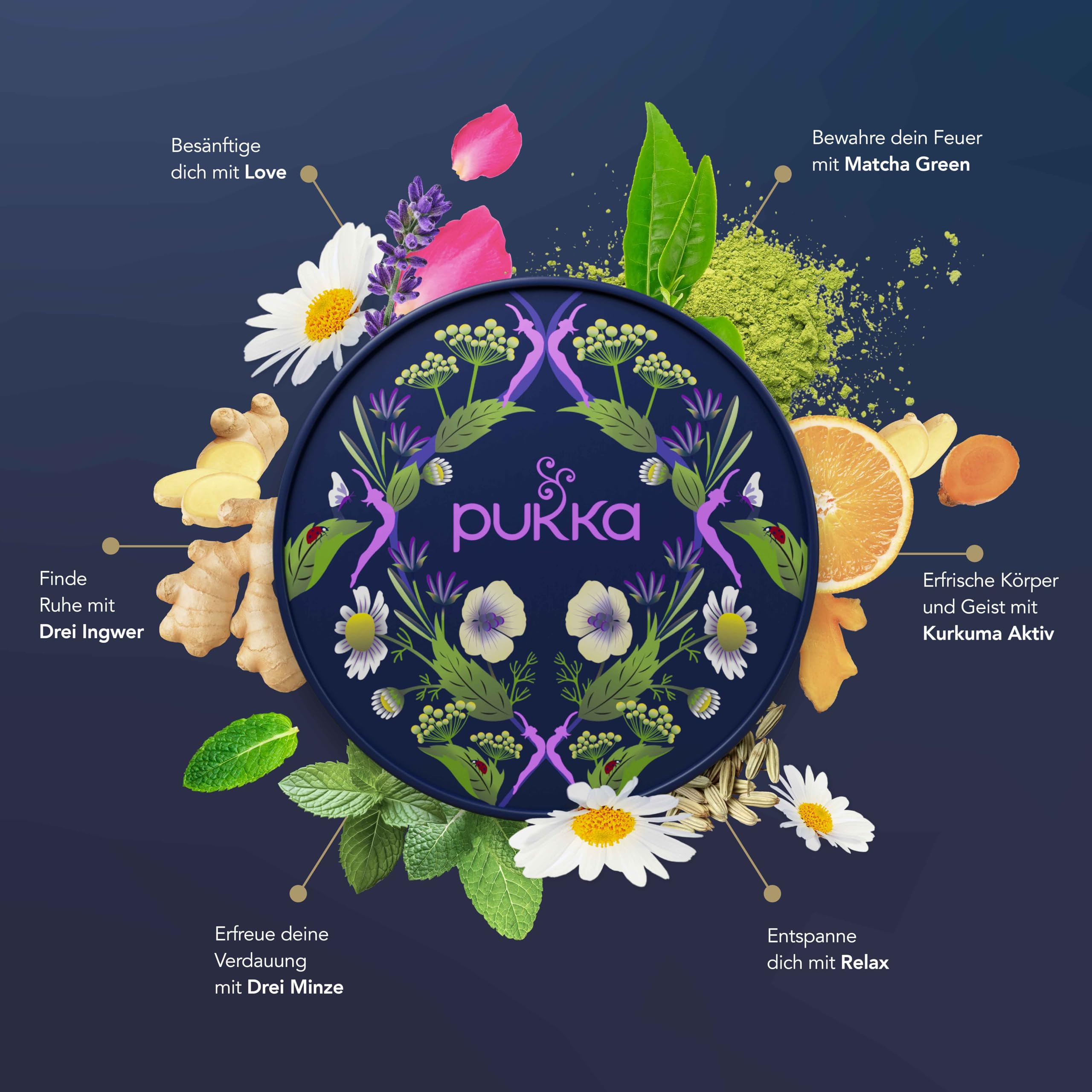 Pukka Tee Geschenkset, Premium Selection Bio Tee Box "Wellness von früh bis spät", Matcha, Kurkuma, Tee Set, Geschenkidee, 6 Varianten,90 Teebeutel