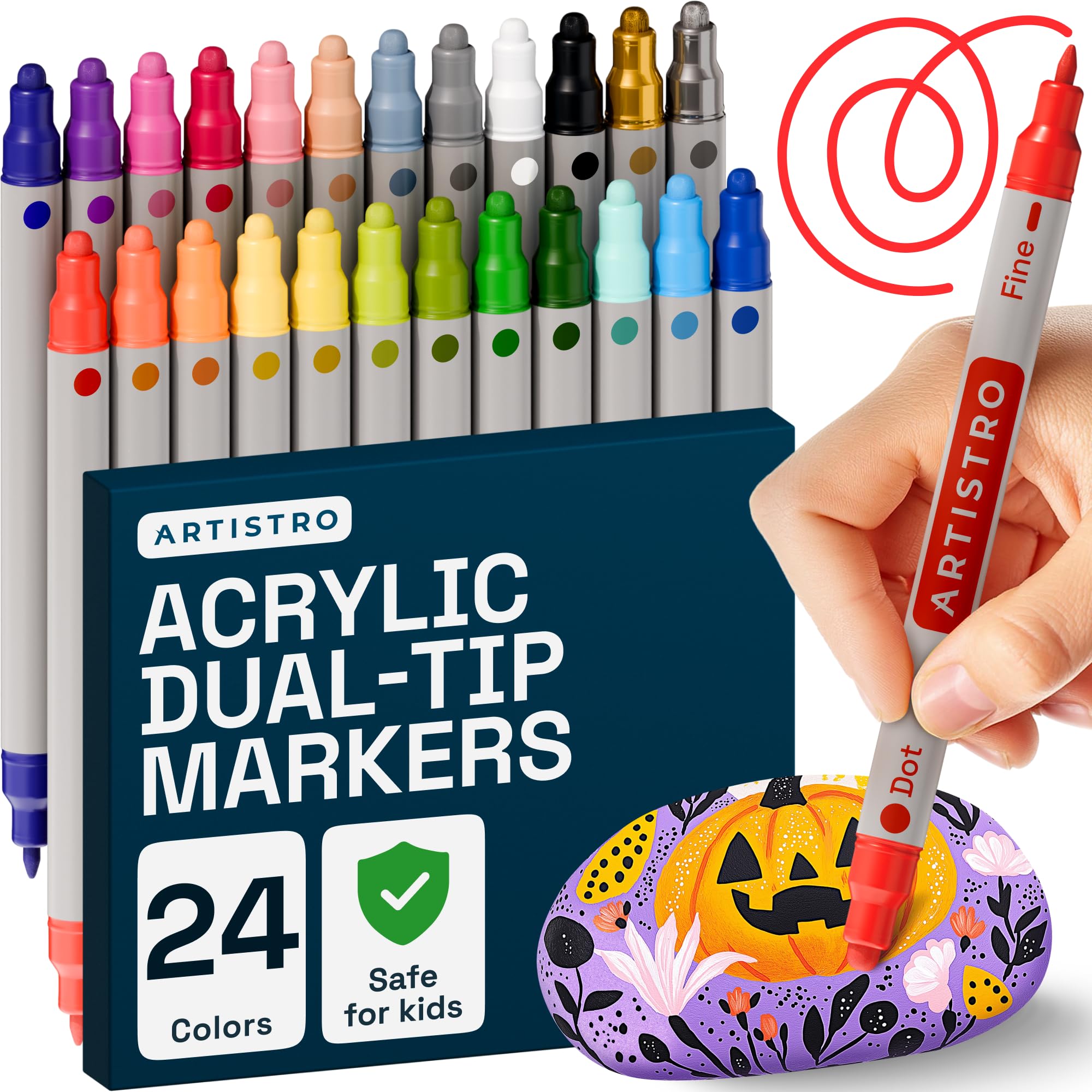 Artistro 24 Acrylic Pens for Stones, Waterproof with Double Tip (Fine Tip 1 mm + Point 5 mm), Acrylic Marker, Painting Pen Set for Halloween, Drawing Set, Marker for Textile, Canvas, Glass, Wood