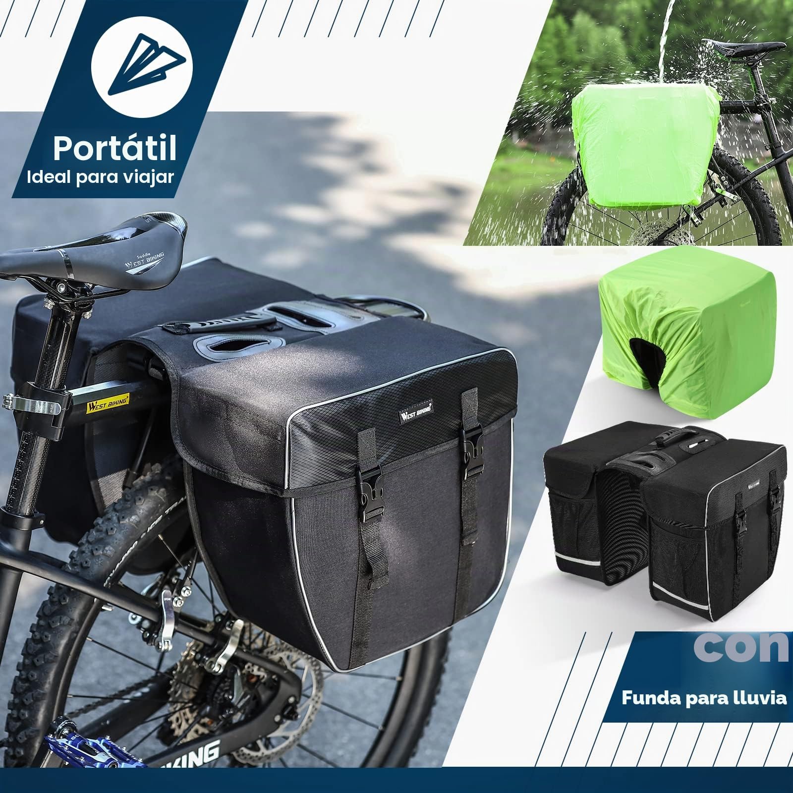 West Biking Alforja doble para bicicleta, gran bolsa para el maletero del asiento trasero con correa, resistente al desgarro para portaequipajes con protección contra la lluvia