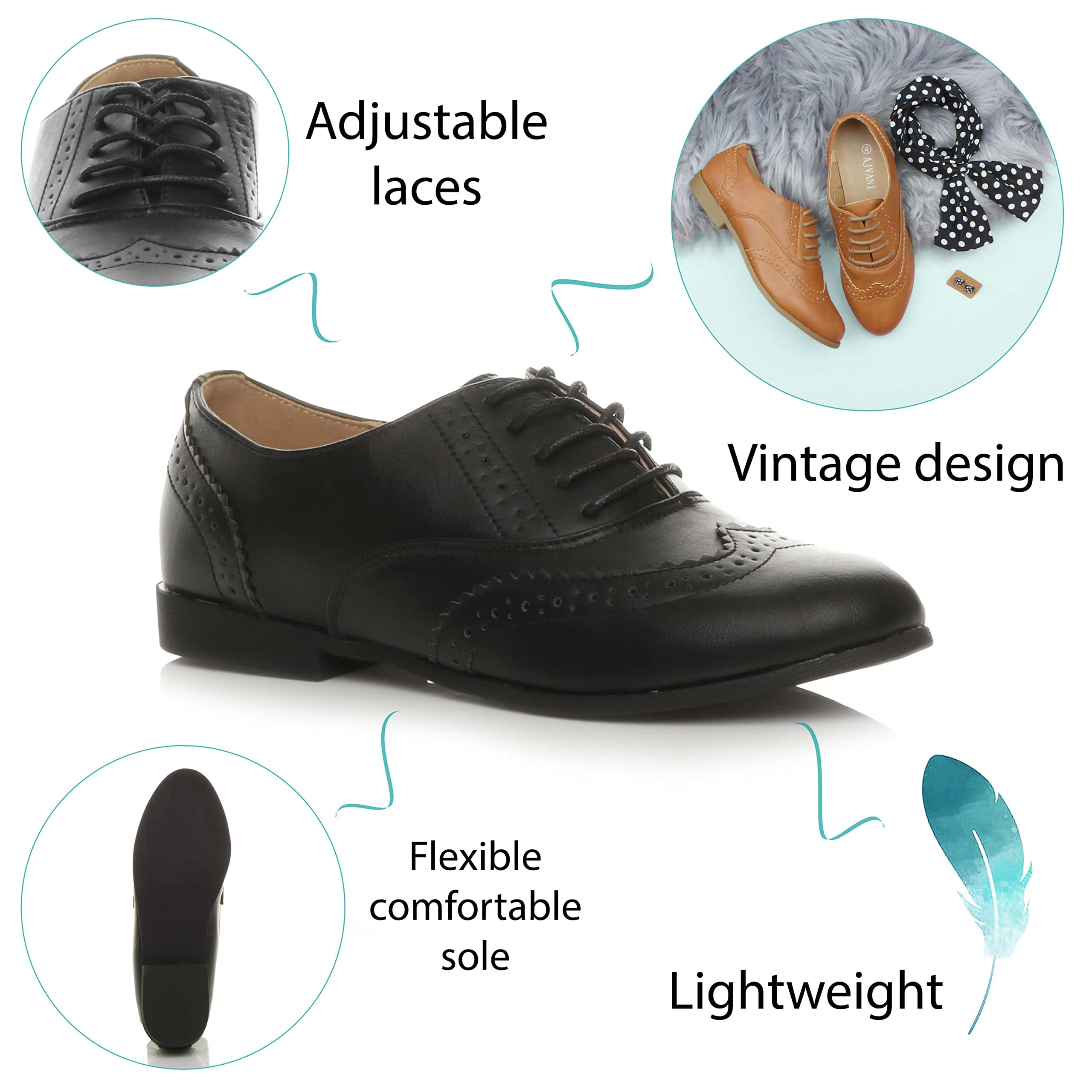 Ajvani Femmes Talon Plat et Bas élégant Classique Chaussures Oxford à Lacets Brogues Pointure