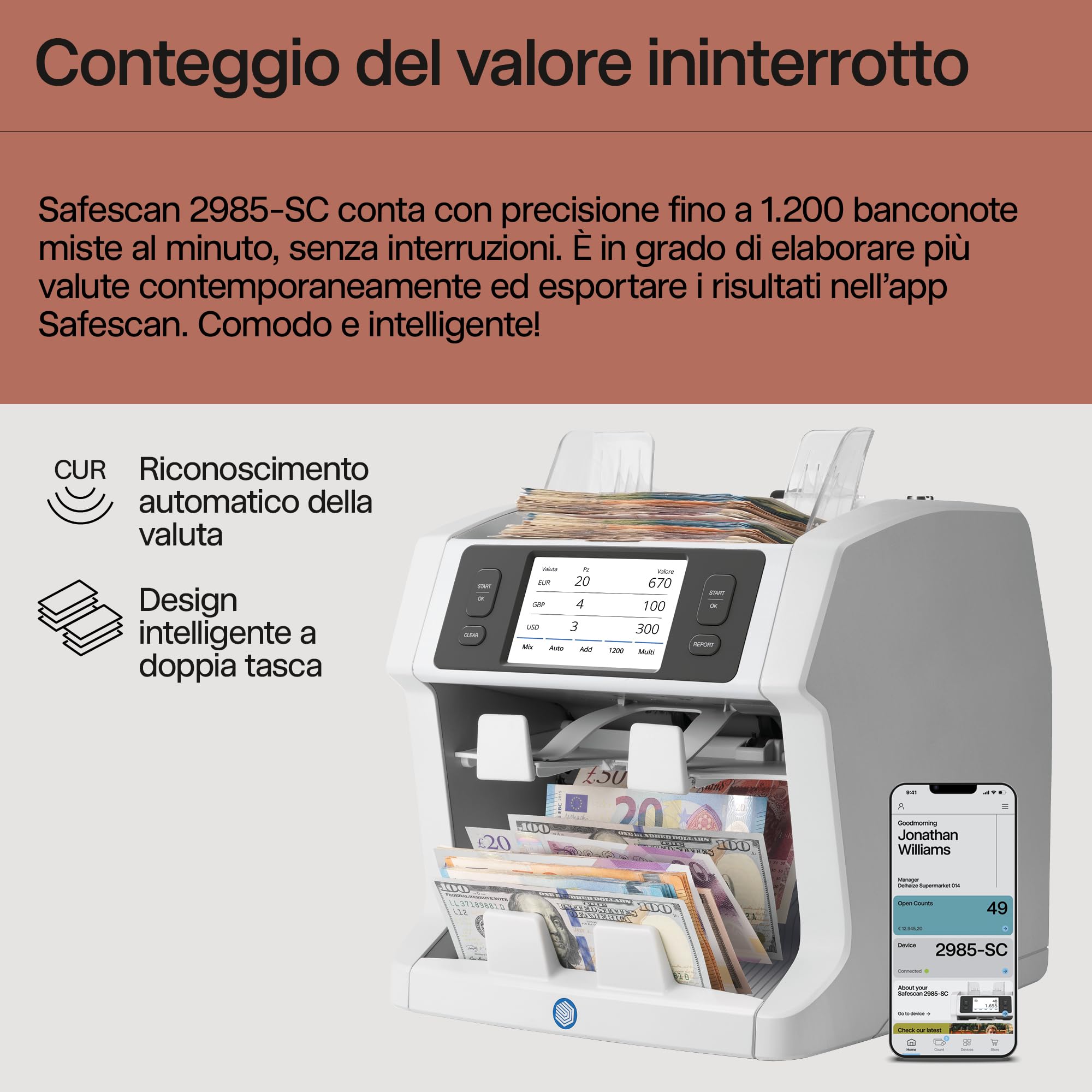 Safescan 2985-SC Contabanconote che conta il valore e ordina le banconote miste - Contabanconote con rilevatore di denaro falso a 10 punti - Contasoldi con l'app gratuita Safescan