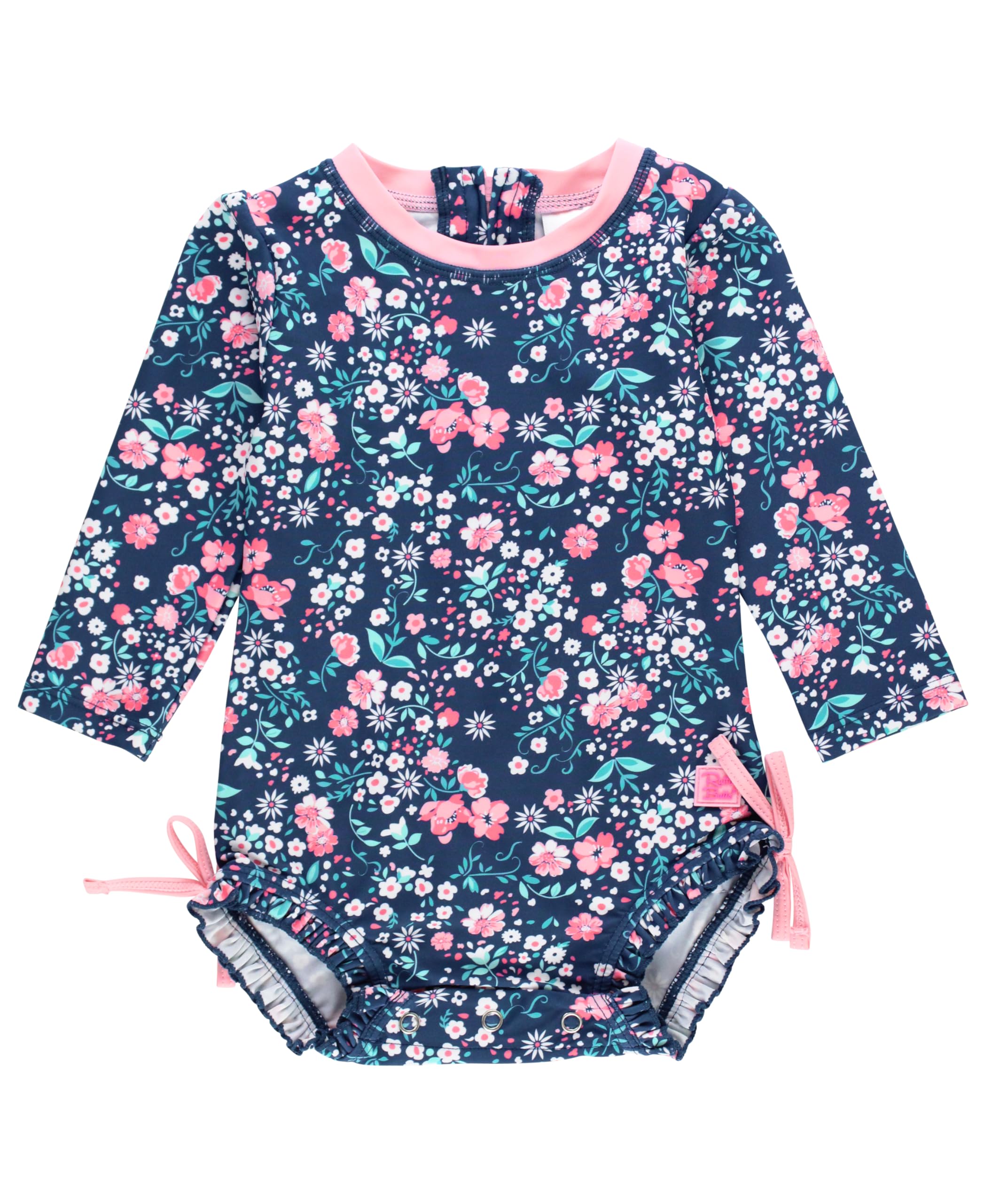 RuffleButts Baby Girls UPF 50 Sun Protection Floral Printed Long Sleeve One Piece Rash Guard Swimsuit with Zipper - Moonlit Meadow 2T