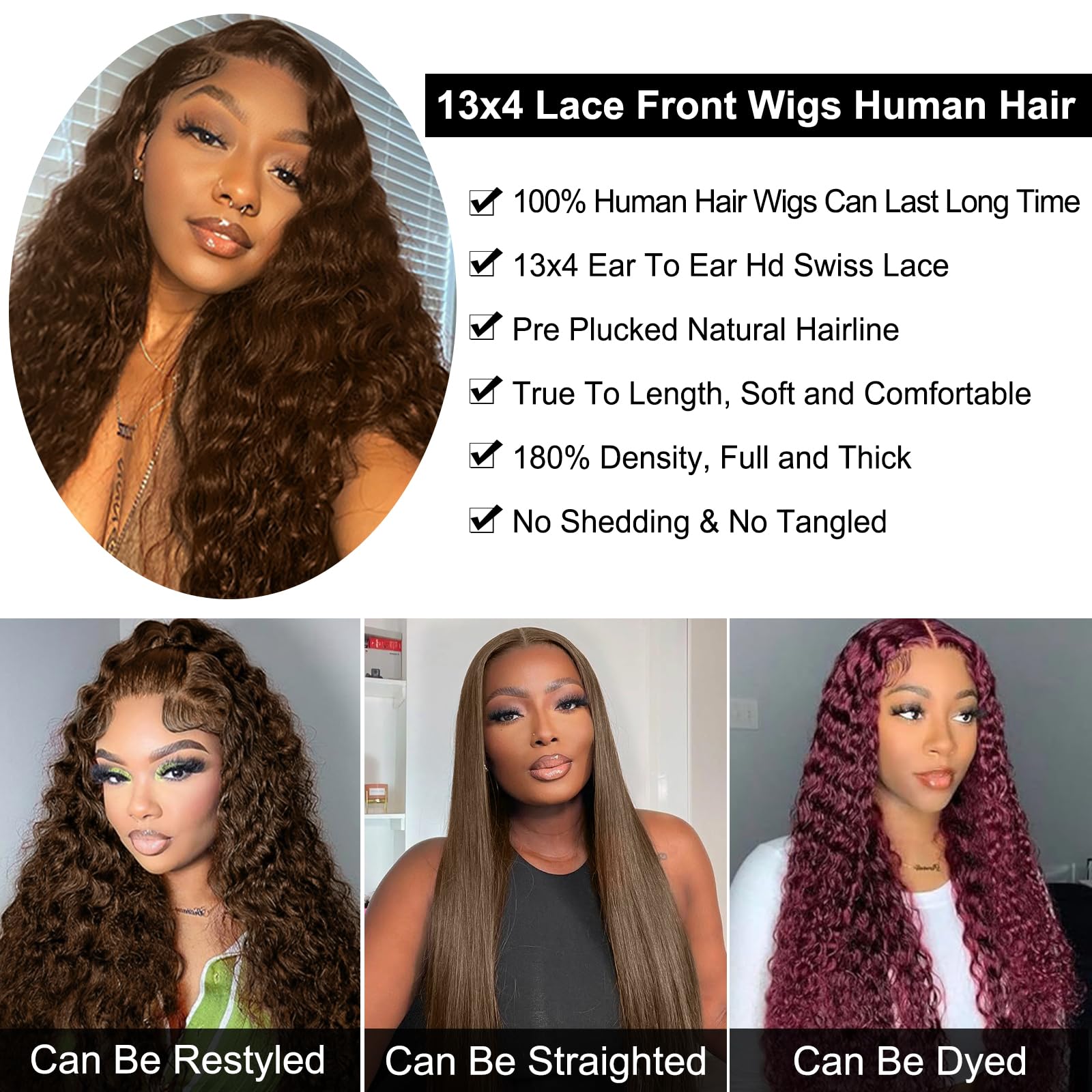 26” Brown Long Wavy Lace Front Wigs 26 main image 3