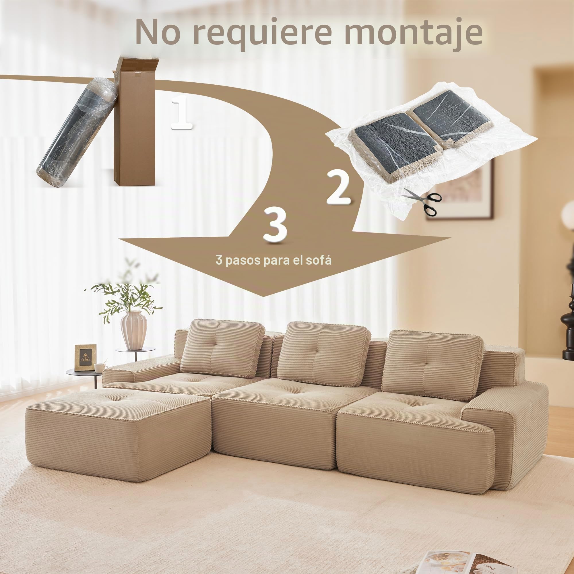 Sofá modular de pana en forma de L, sofá cama con taburete otomano, sofá de salón con comodidad y soporte de asiento bajo, sin montaje, espuma 32D de alta elasticidad (caqui claro, 3 plazas+1)